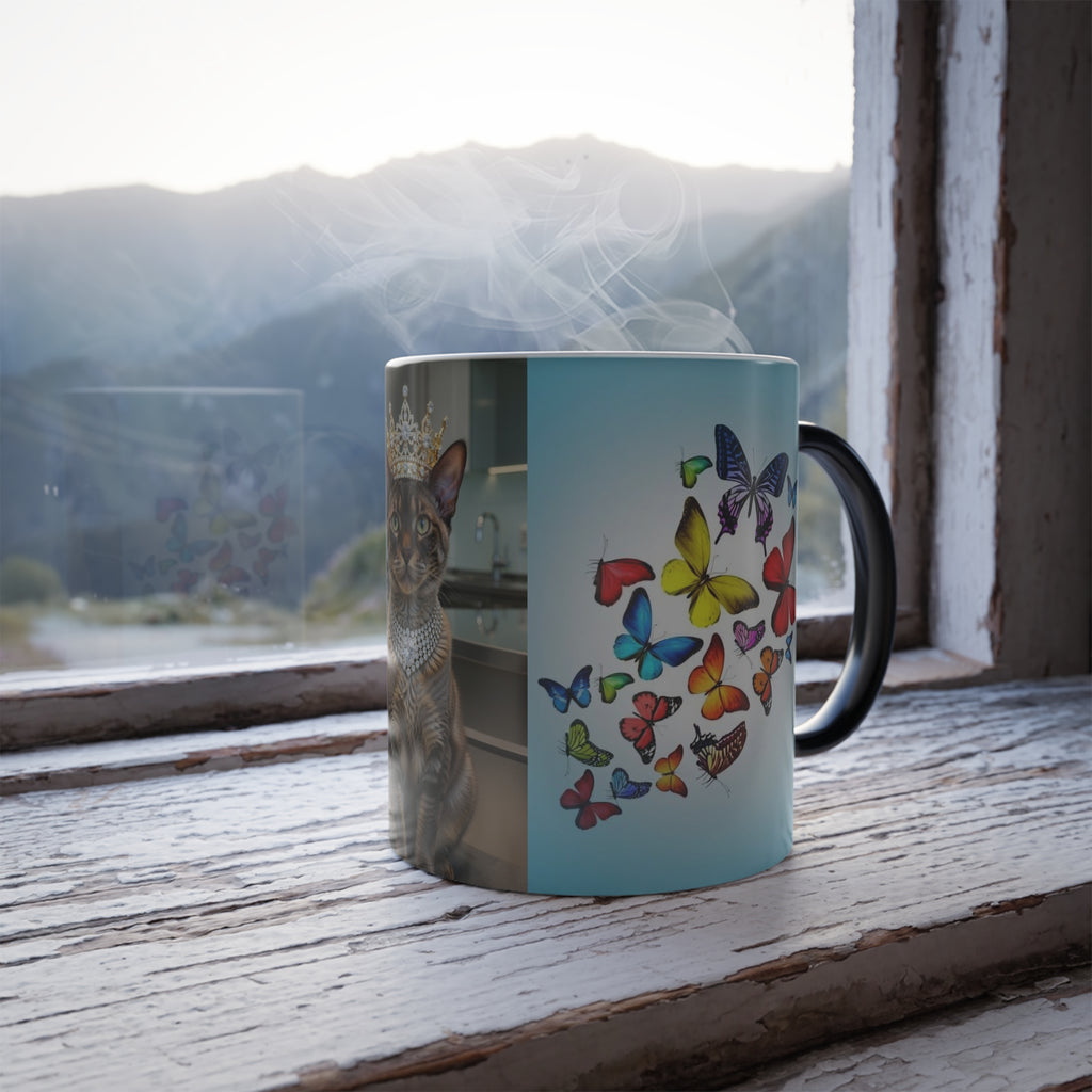 Color-Changing Mug — Regal Cat with Crown & Butterflies (11 oz)