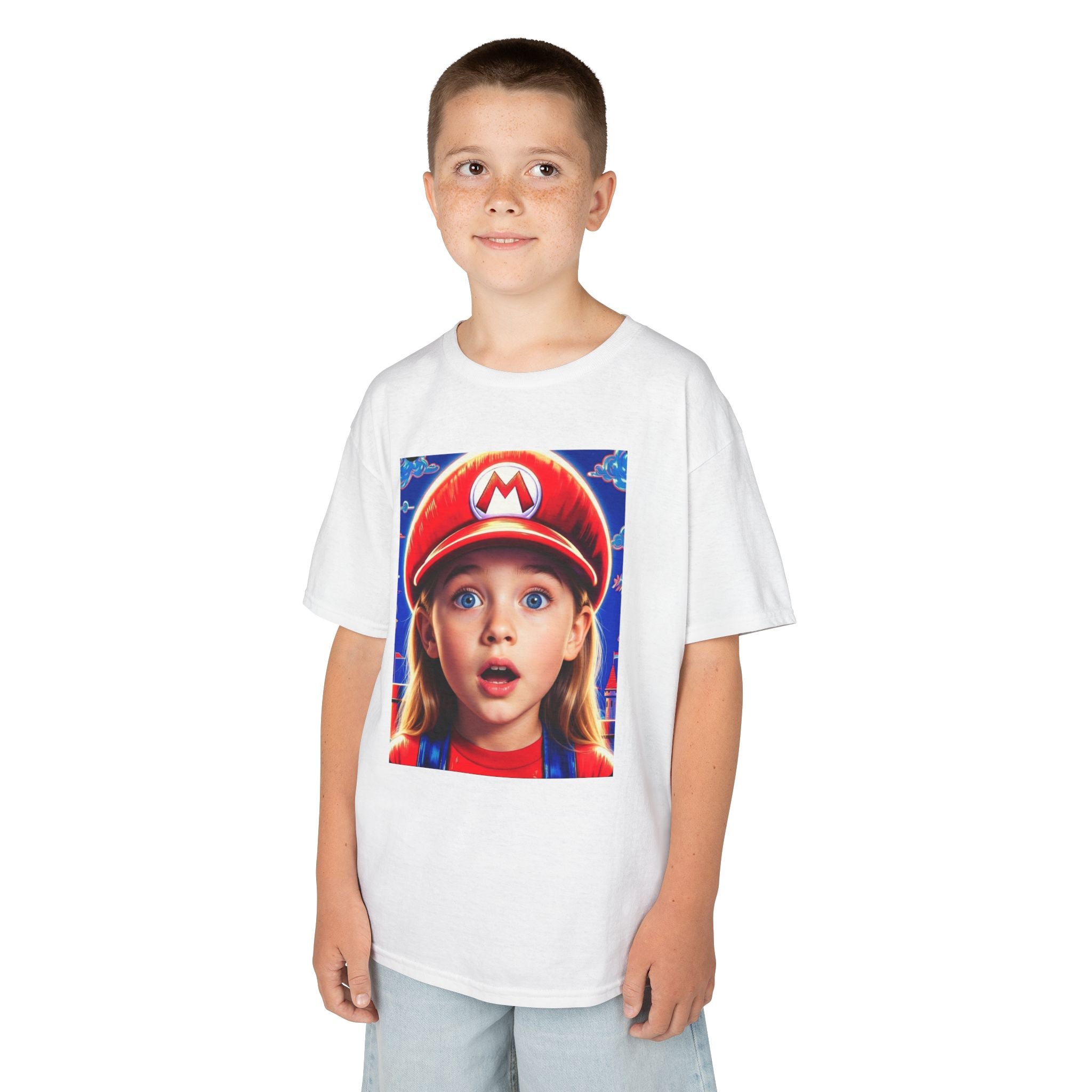 Kids Tee — Cute Child in Red Mario-Style Cap Graphic Shirt