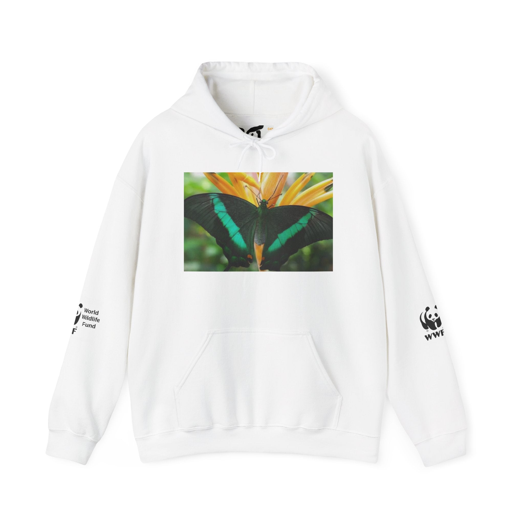HOODIE NATURE Butterfly Photo Hoodie — Green Swallowtail on Tropical Flower, WWF Logo Eco Hoodie