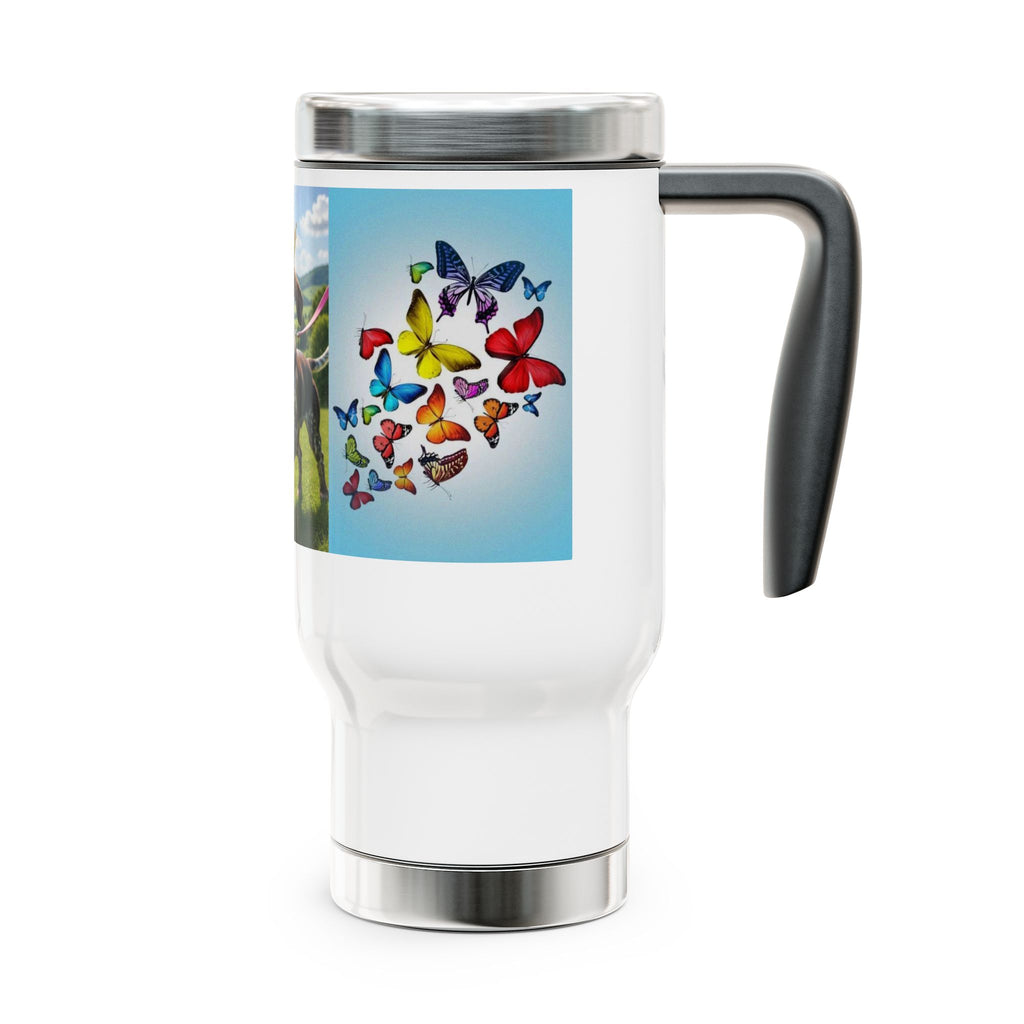 14oz Travel Mug — Crowned Dog & Rainbow Butterflies Stainless Steel Tumbler