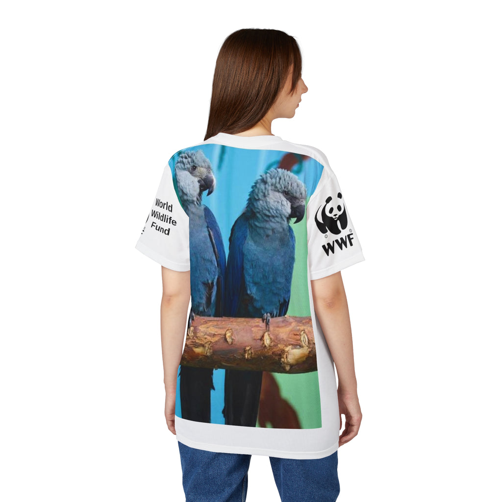 WWF Blue Macaw Conservation Tee — All-Over Print Bird Lover Shirt