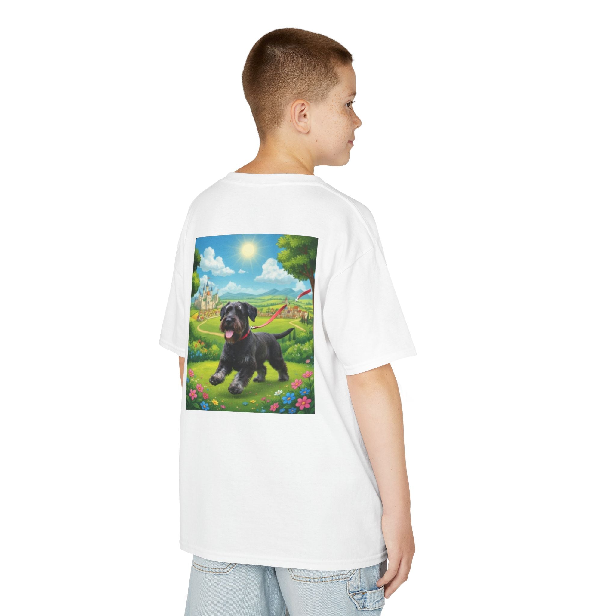 T-SHIRT KIDS DOGS HEROES — Black Puppy in Sunny Meadow Cute Dog Graphic