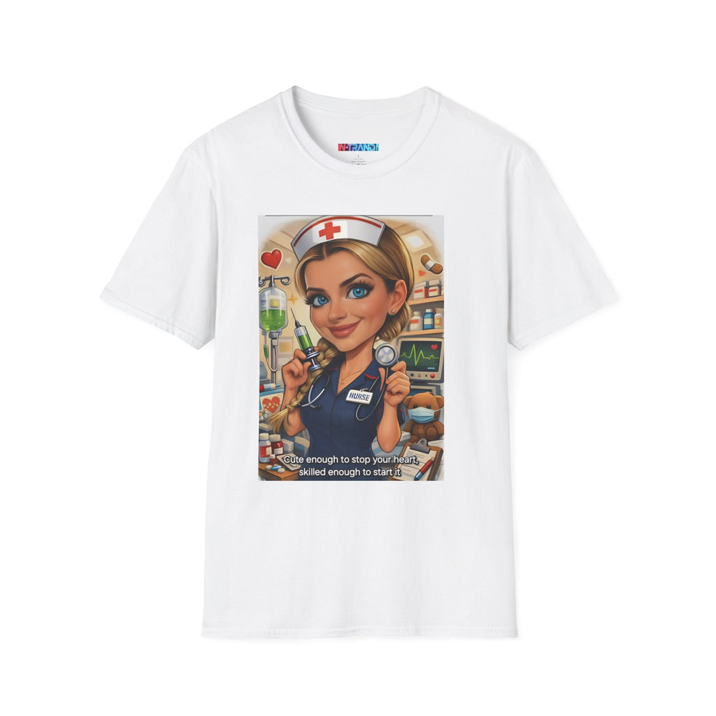 Nurse Cartoon T-Shirt — Cute Retro Nurse Graphic Tee (Includes 'You're Enough to Stop Your Heart' Text)
