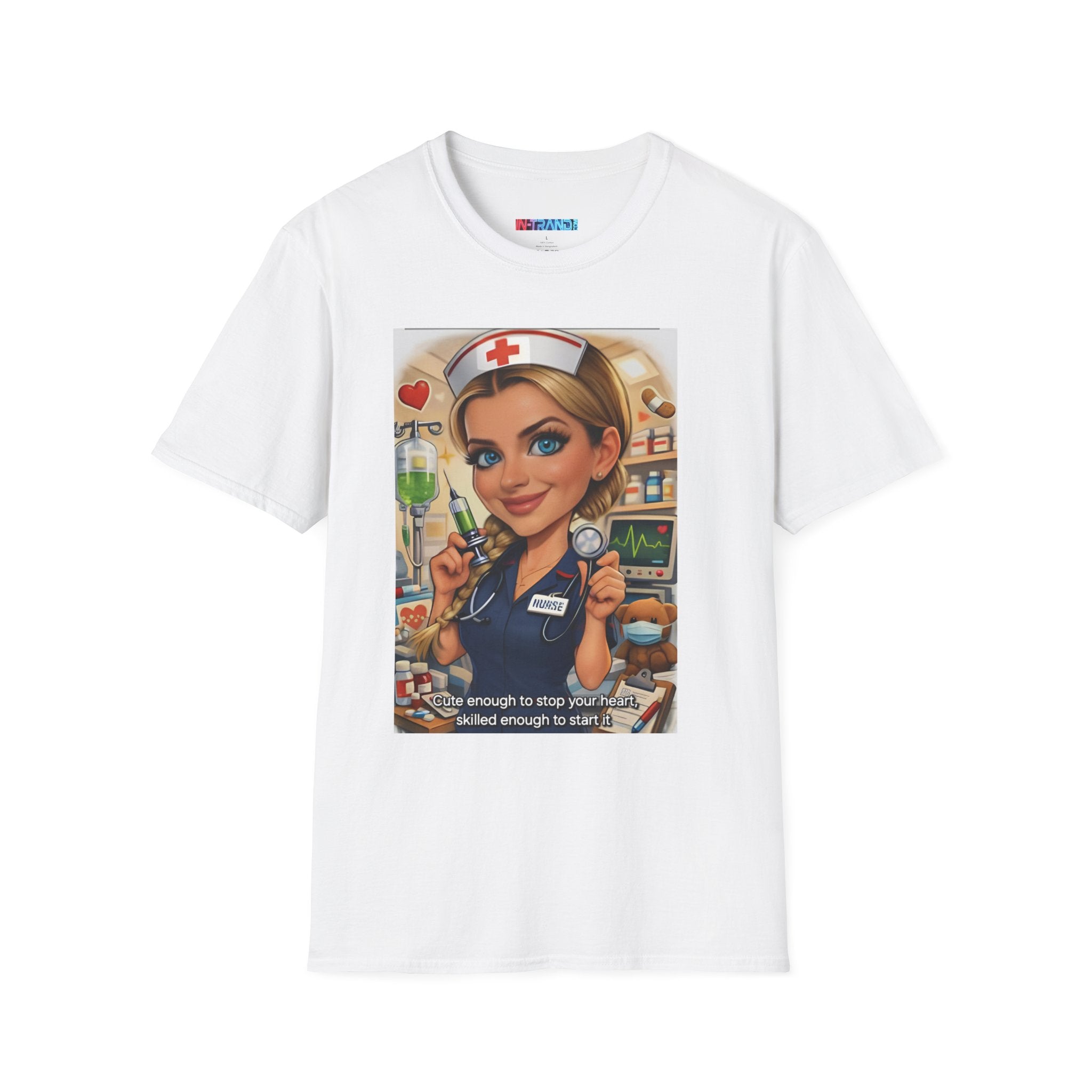 Nurse Cartoon T-Shirt — Cute Retro Nurse Graphic Tee (Includes 'You're Enough to Stop Your Heart' Text)