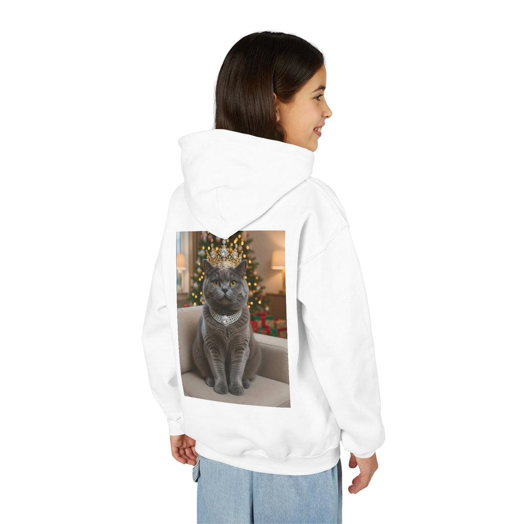 Youth Hoodie — Festive Grey Cat Christmas Photo Sweatshirt