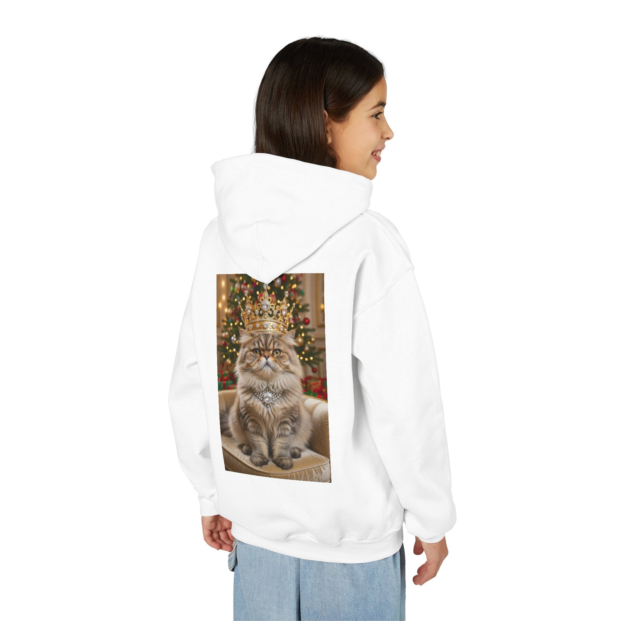 Christmas Cat Hoodie – Regal Tabby with Crown Holiday Kids Sweatshirt