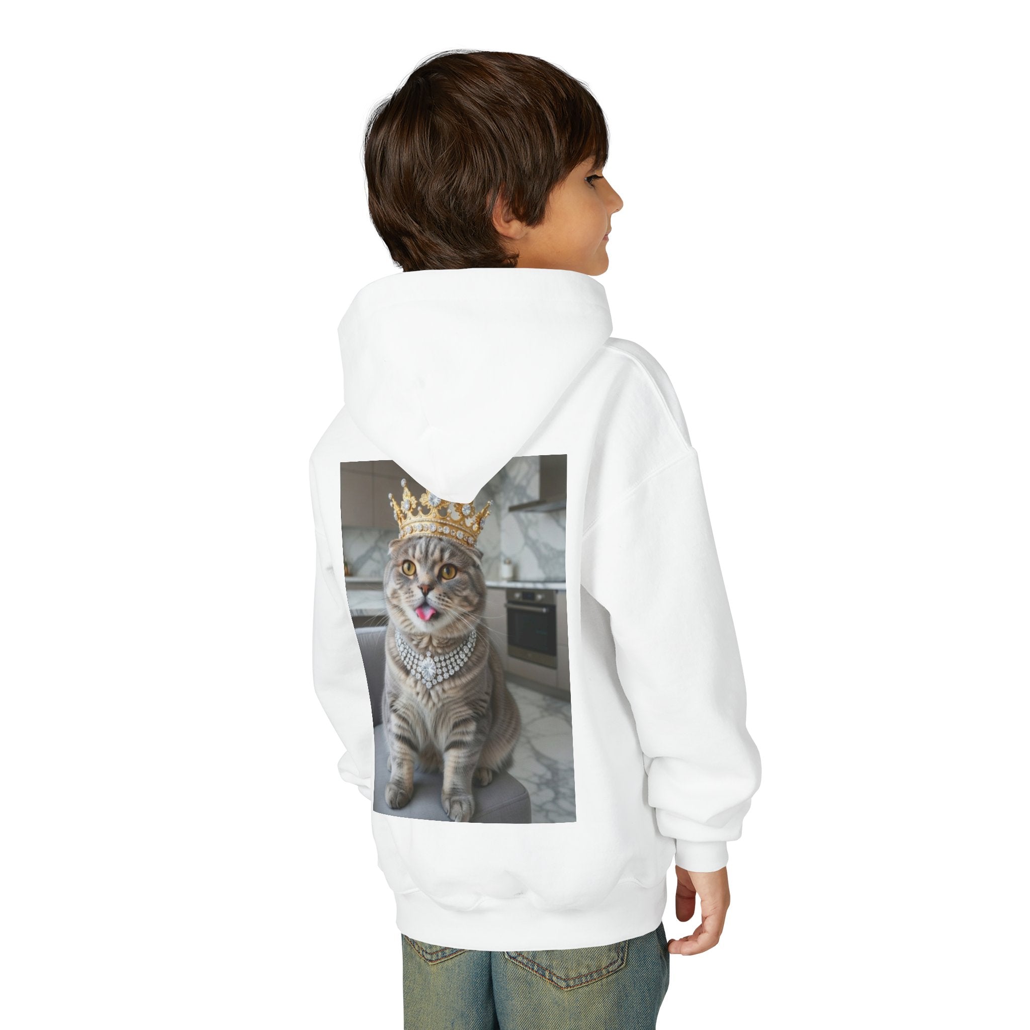 Youth Cat Crown Hoodie — Royal Kitty Graphic Sweatshirt for Kids
