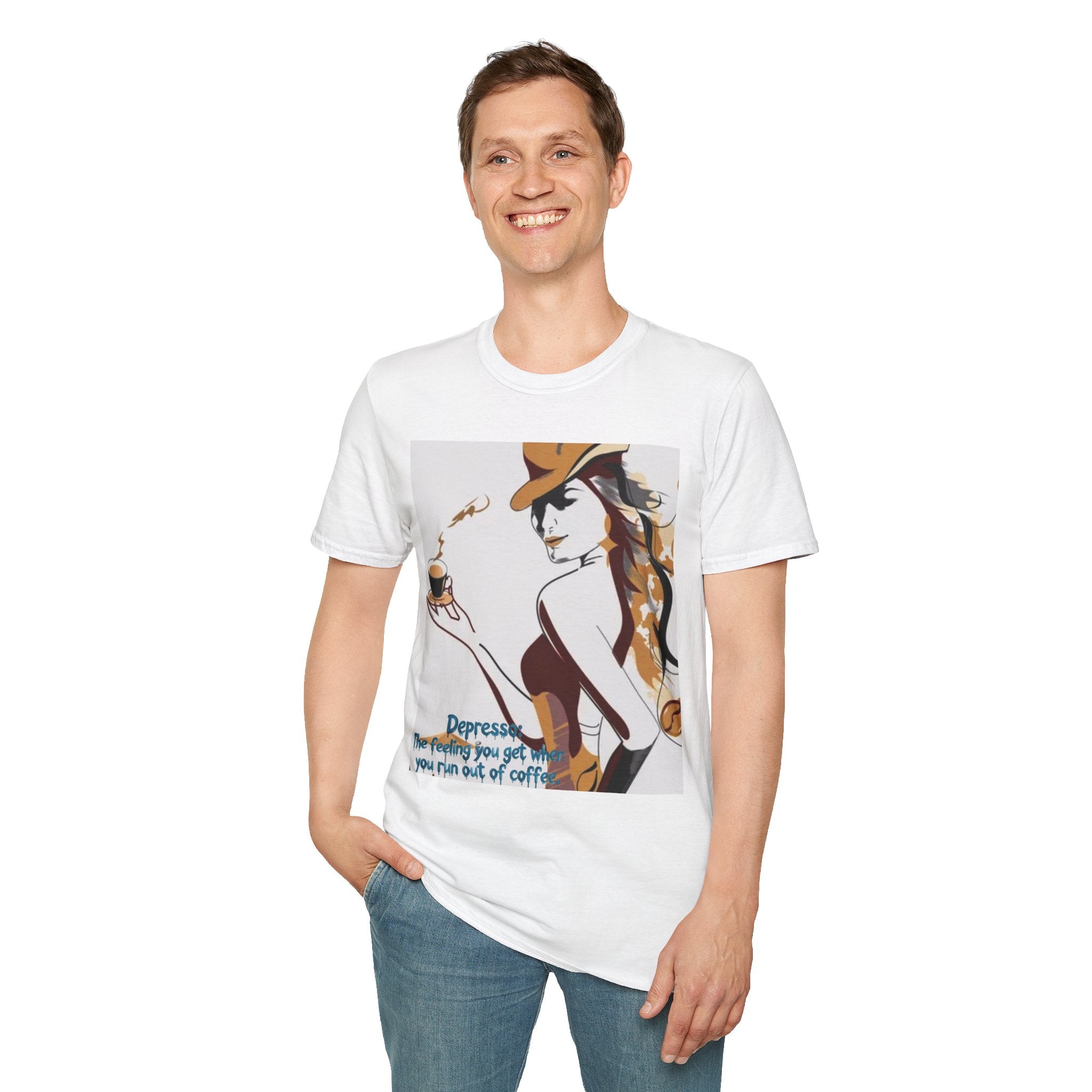 T-Shirt — Retro Cowgirl Coffee Tee (“Depressed: The feeling you get when you run out of coffee”)
