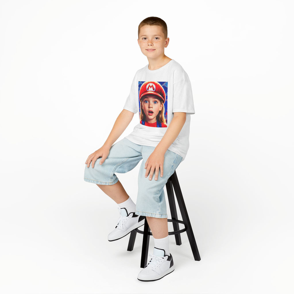 Kids Tee — Cute Child in Red Mario-Style Cap Graphic Shirt