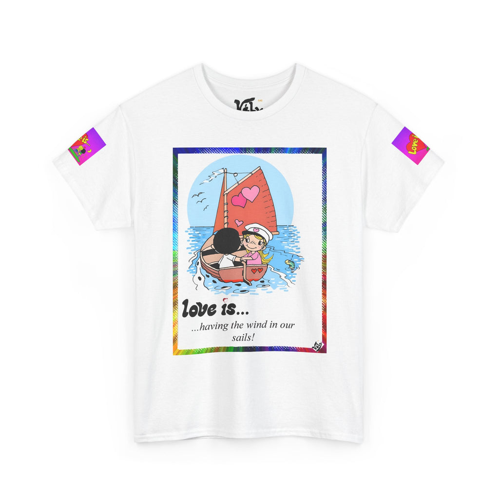 Love Is... Sailboat & Couple Graphic Tee — Cute Romantic Vintage Cartoon T-Shirt