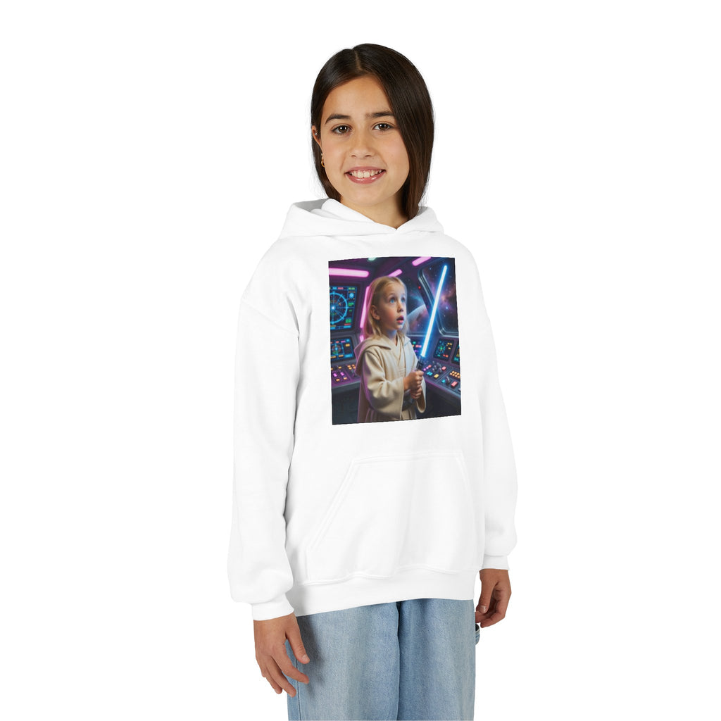 Kids Hoodie - Child with Lightsaber Retro Space Controls Graphic