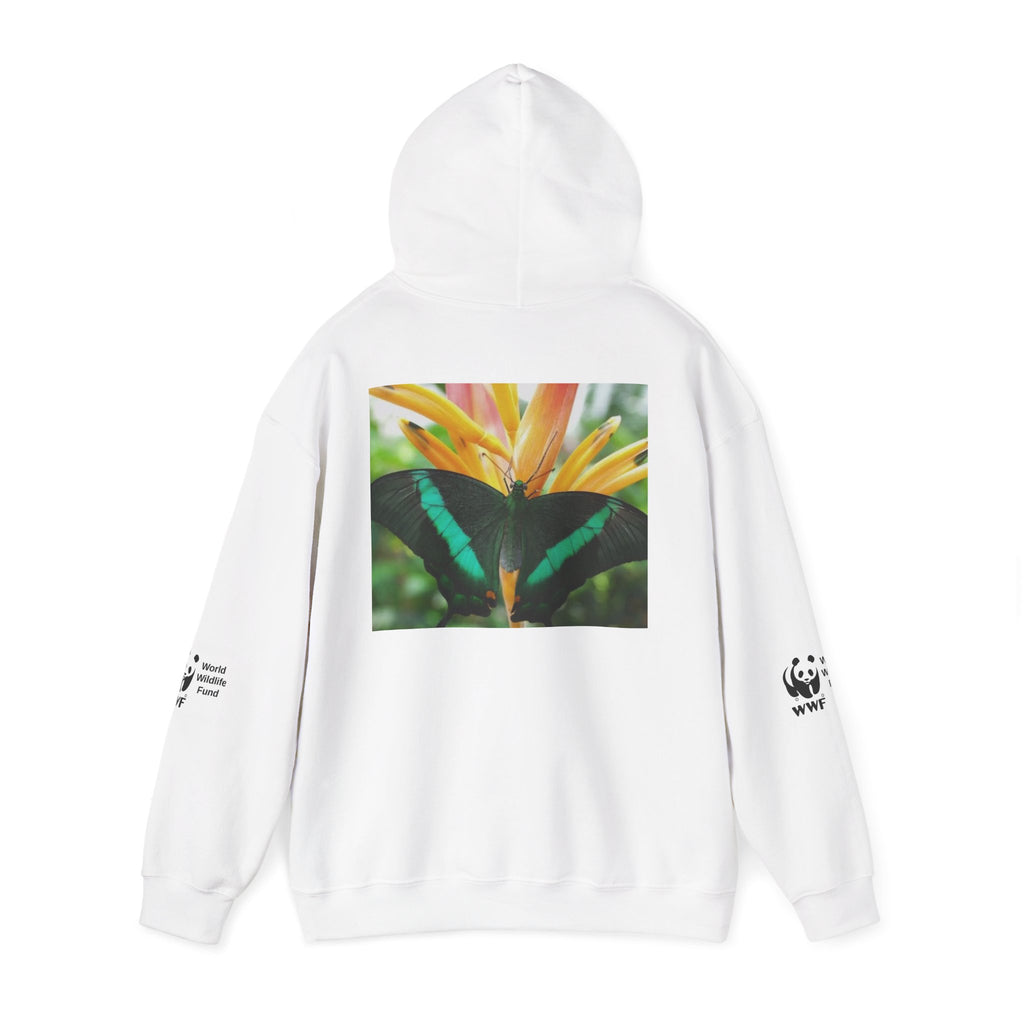 HOODIE NATURE Butterfly Photo Hoodie — Green Swallowtail on Tropical Flower, WWF Logo Eco Hoodie