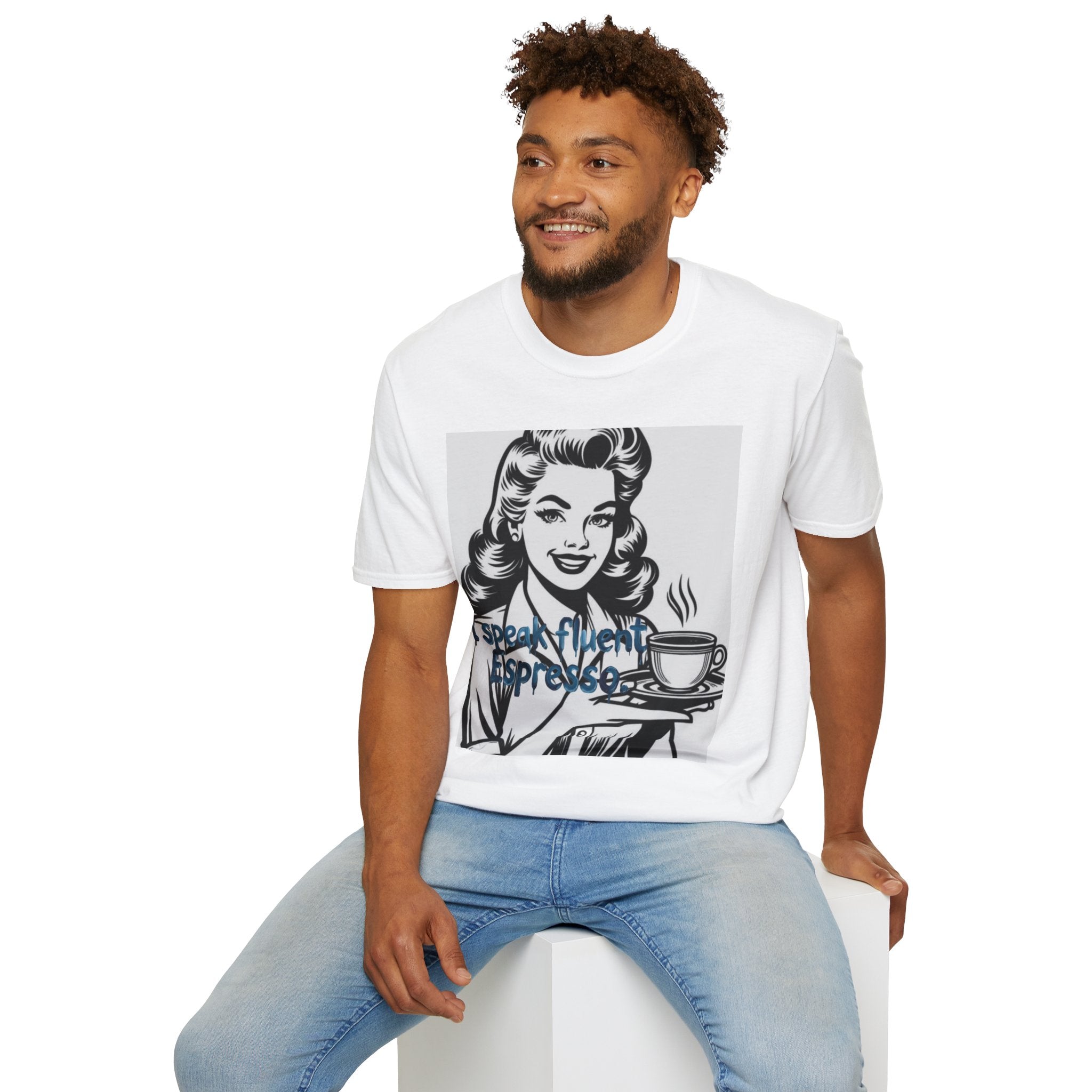Espresso Lover T-Shirt — Retro Woman "I Speak Fluent Espresso" Coffee Tee