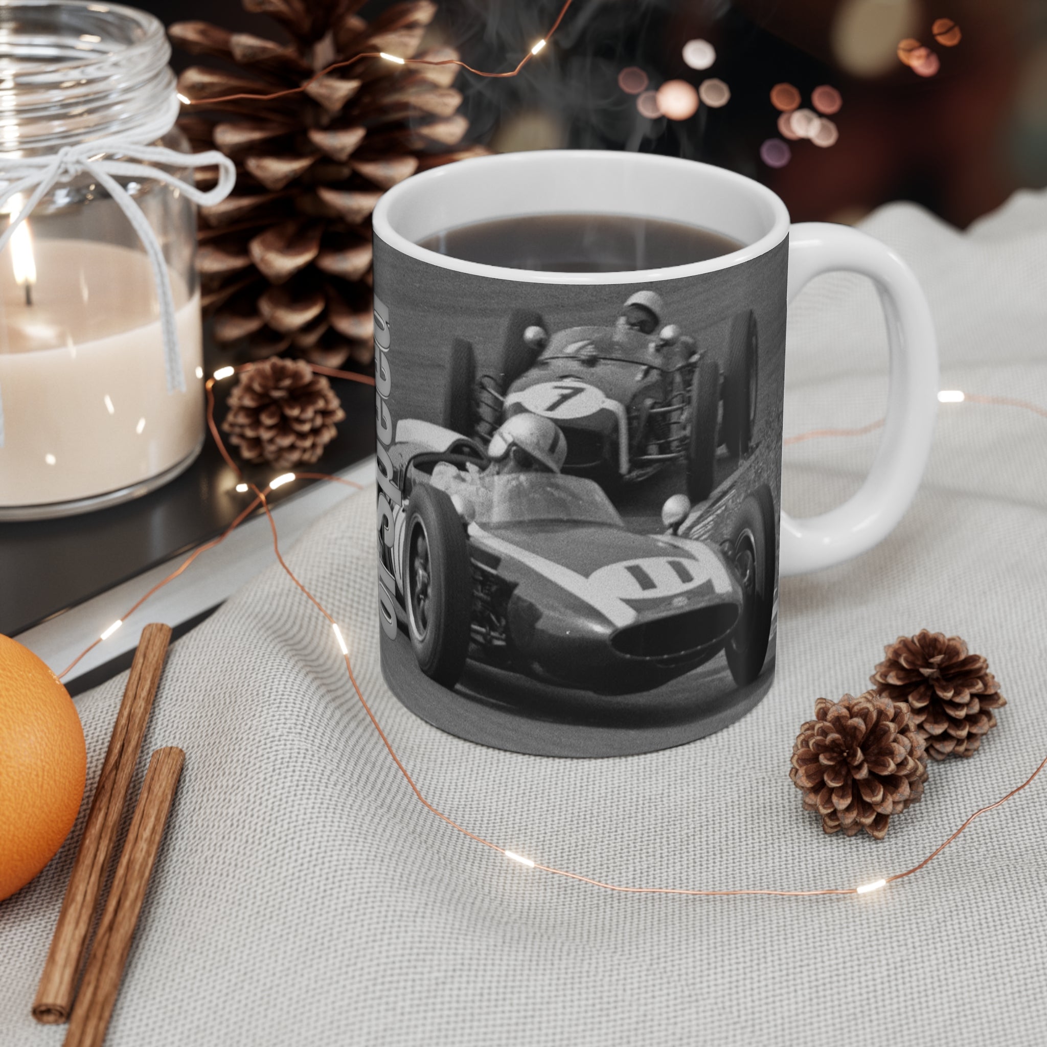 Racing History 11oz Coffee Mug — 'The History of Speed' Vintage Race Flag Design