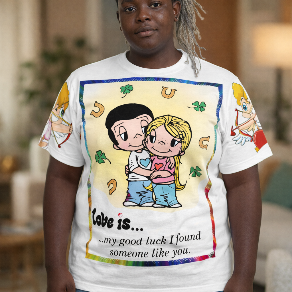 Love Is… Couple Illustration Tee — “Love is… my good luck I found someone like you.”