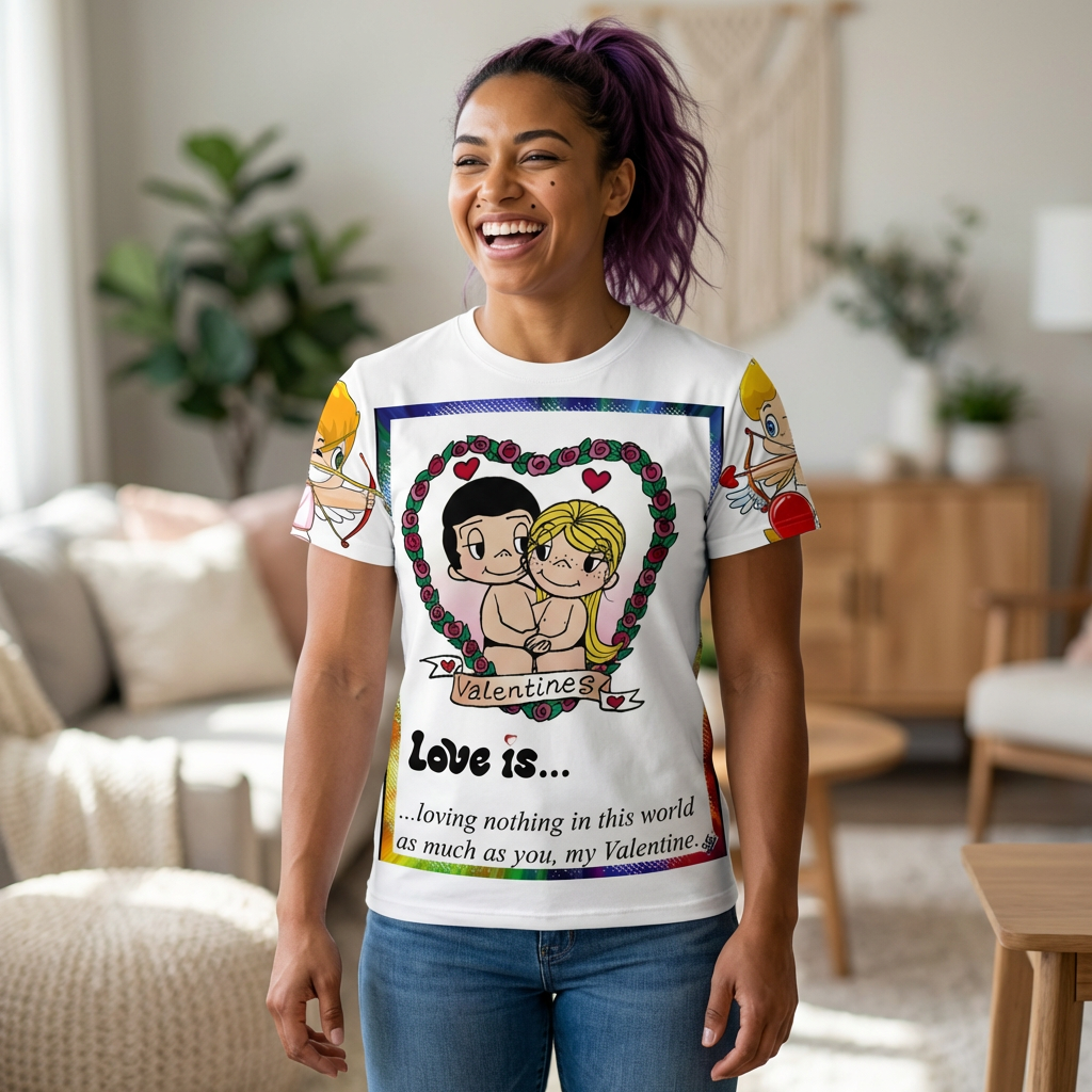 💎 Love Is... Retro Valentine Couple Tee — Cute Roses All-Over Print Shirt 💎