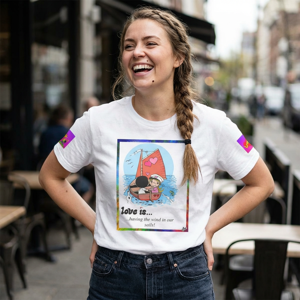 Love Is... Sailboat & Couple Graphic Tee — Cute Romantic Vintage Cartoon T-Shirt