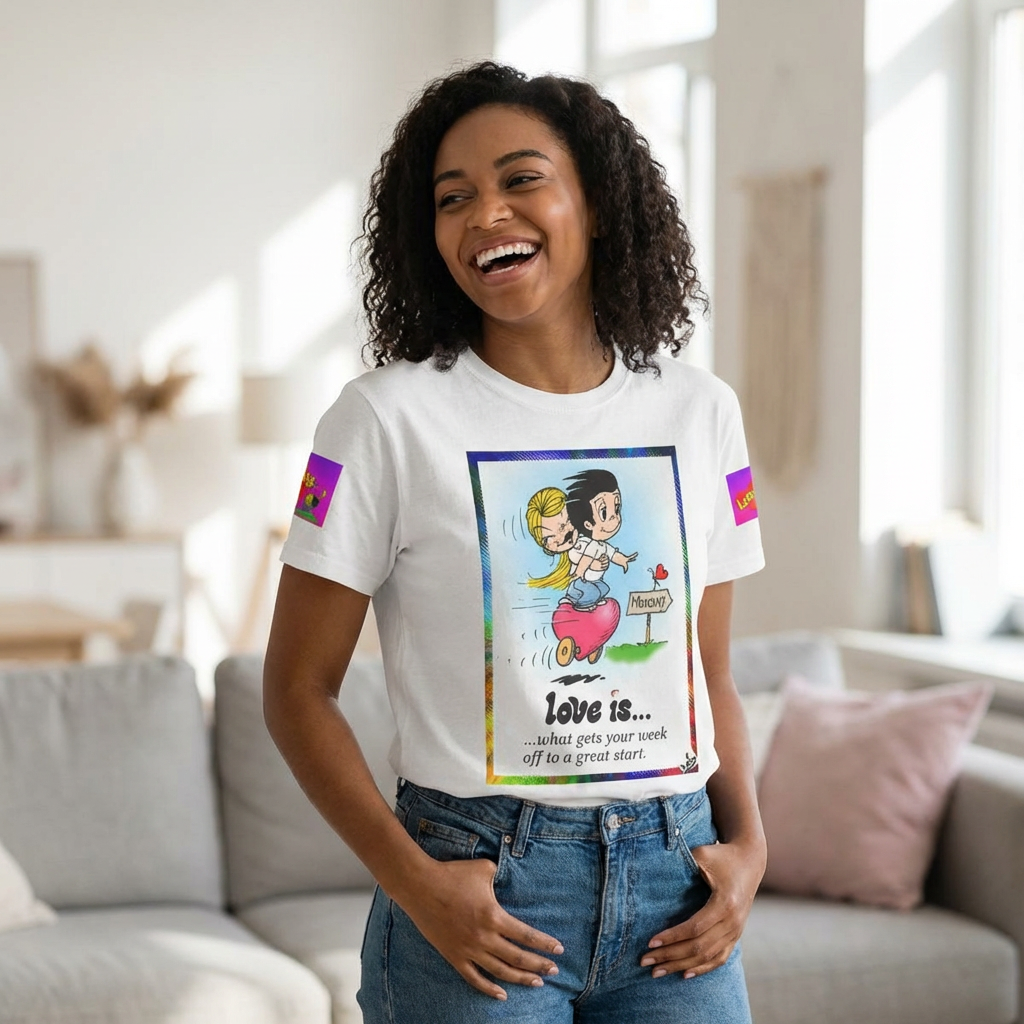 Love Is... Retro Cartoon Couple Tee — "Love is... what gets your week off to a great start"