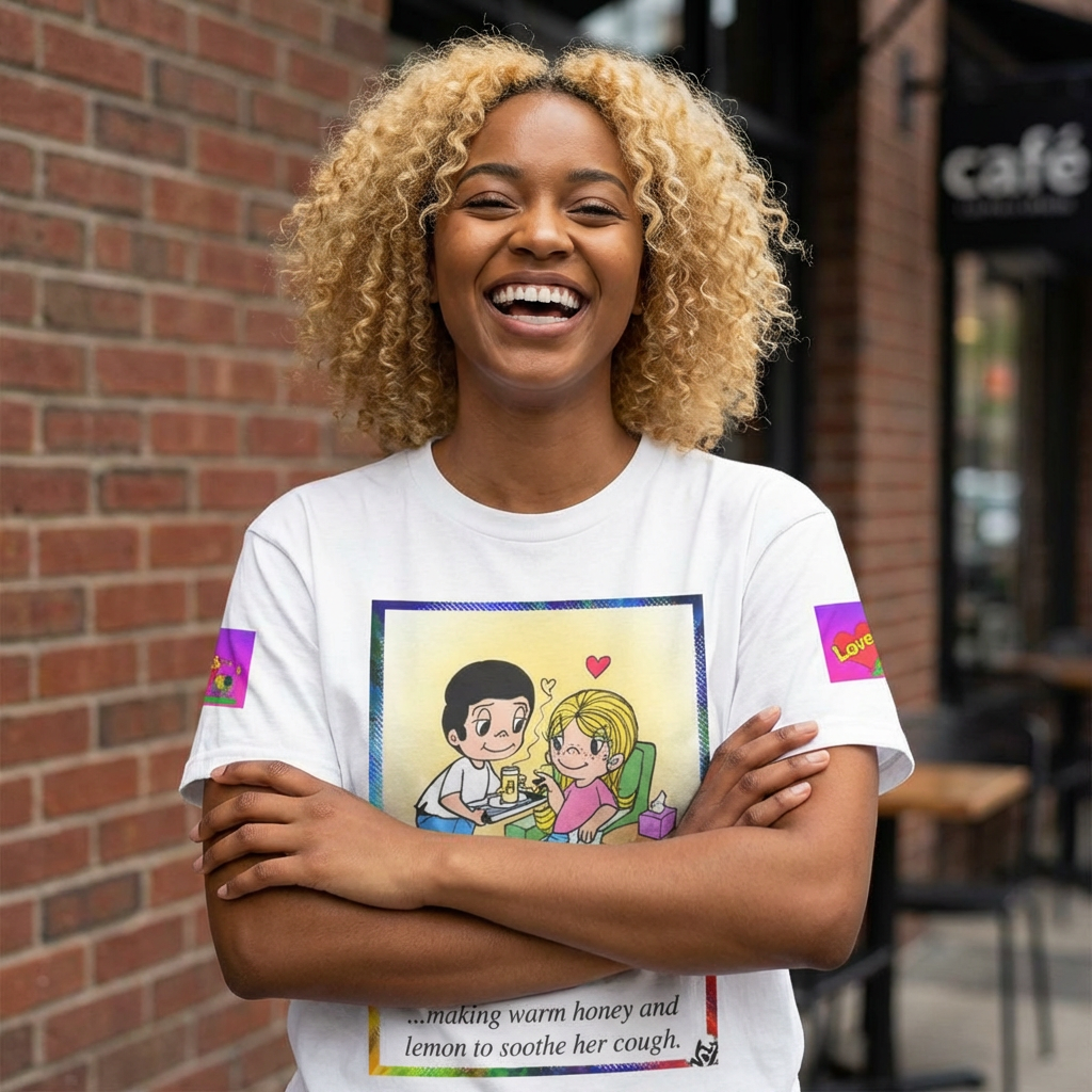 T SHIRT collection Love Is... Graphic Tee — Retro Cartoon Couple T-Shirt ("Love is...making warm honey and lemon to soothe her cough")