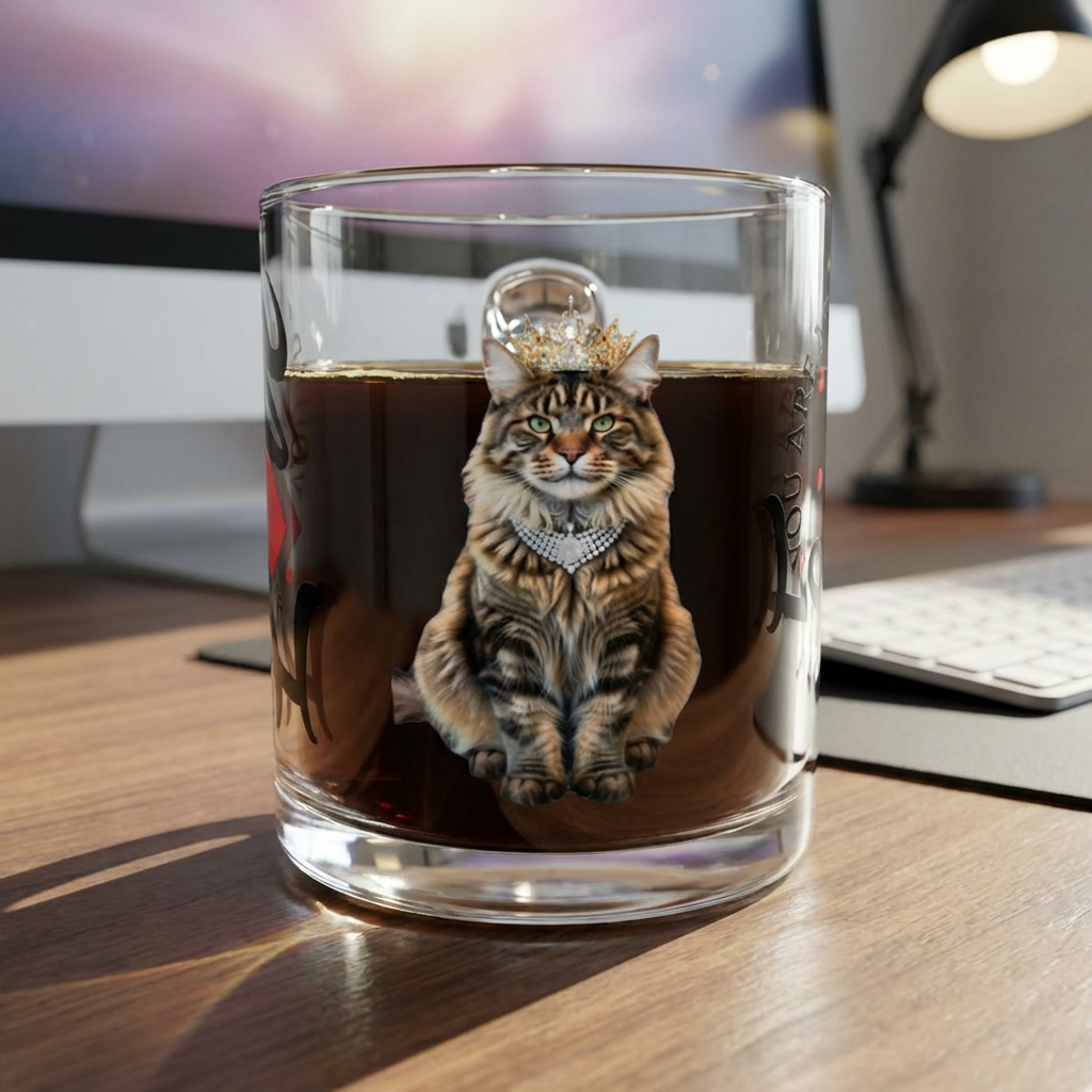 Glass Mug — 'Love You Are My' Cat Crown Design, 10oz Clear Coffee Cup