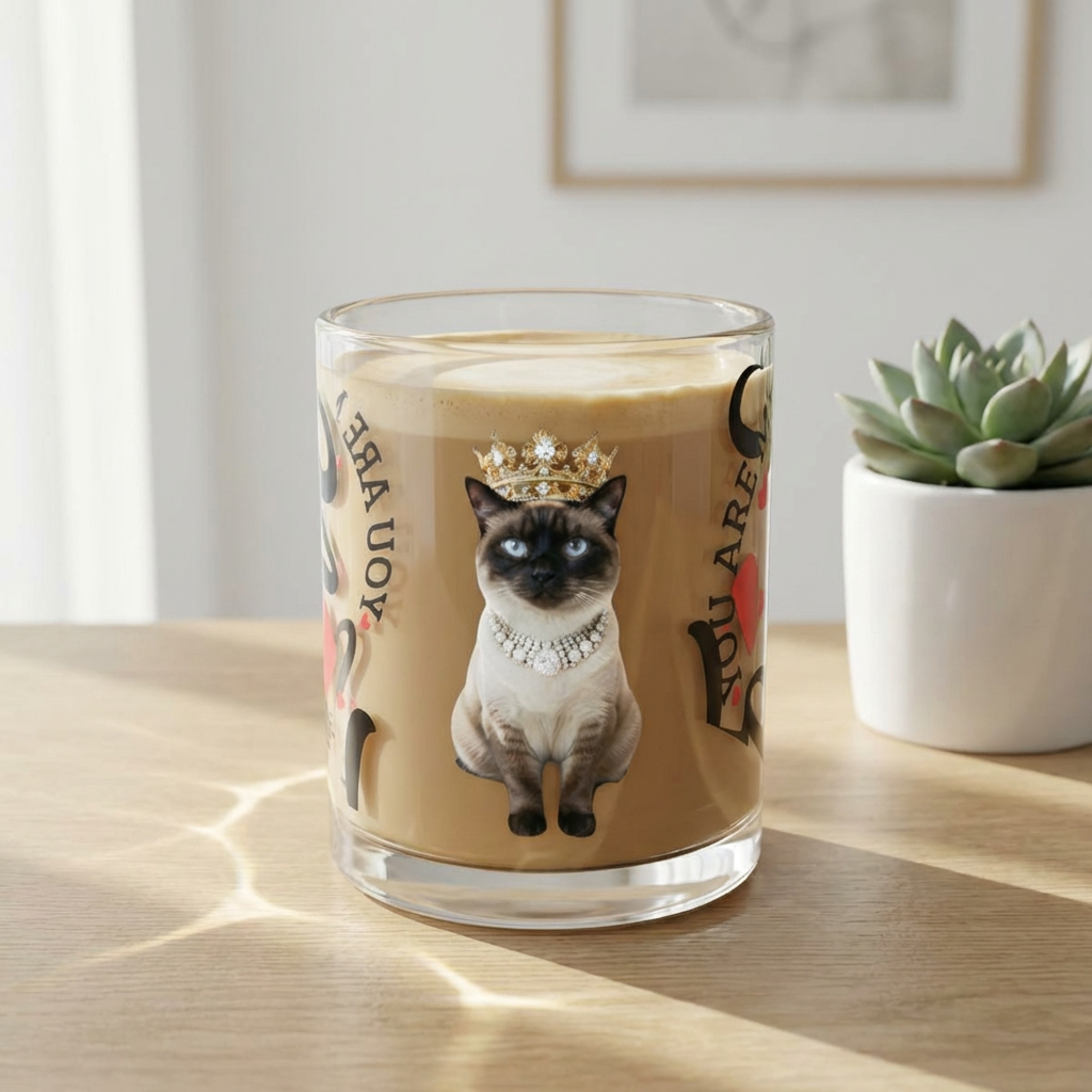 Glass Mug — Regal Siamese Cat 'You're My Love' Heart Design, 10 oz