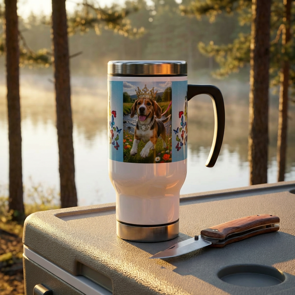 Crowned Beagle Travel Mug — 14oz Stainless Steel Tumbler with Handle, Butterfly Garden Design