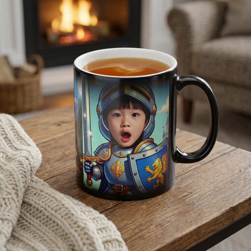 Color-Changing Knight Photo Mug — Personalized Magical Castle Heat Reveal, 11oz