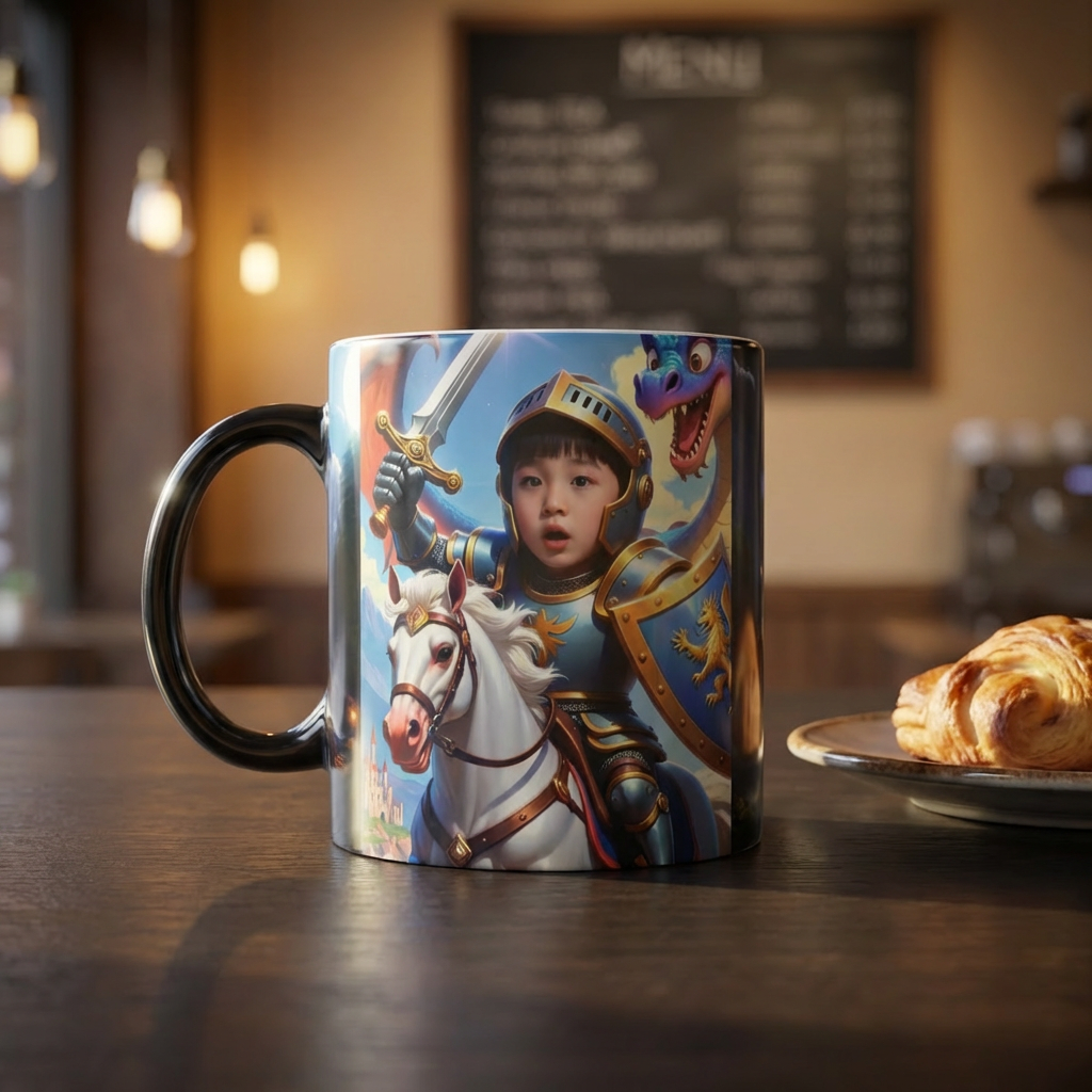 Personalized Color-Morphing Mug — Knight Child Portrait with Castle & Dragon, 11oz