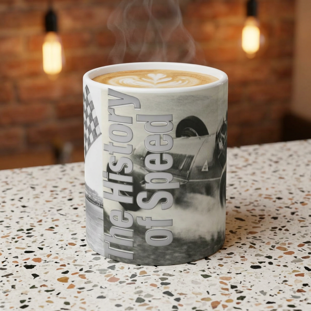 Racing Mug — 'The History of Speed' Vintage Flag Racecar Coffee Cup