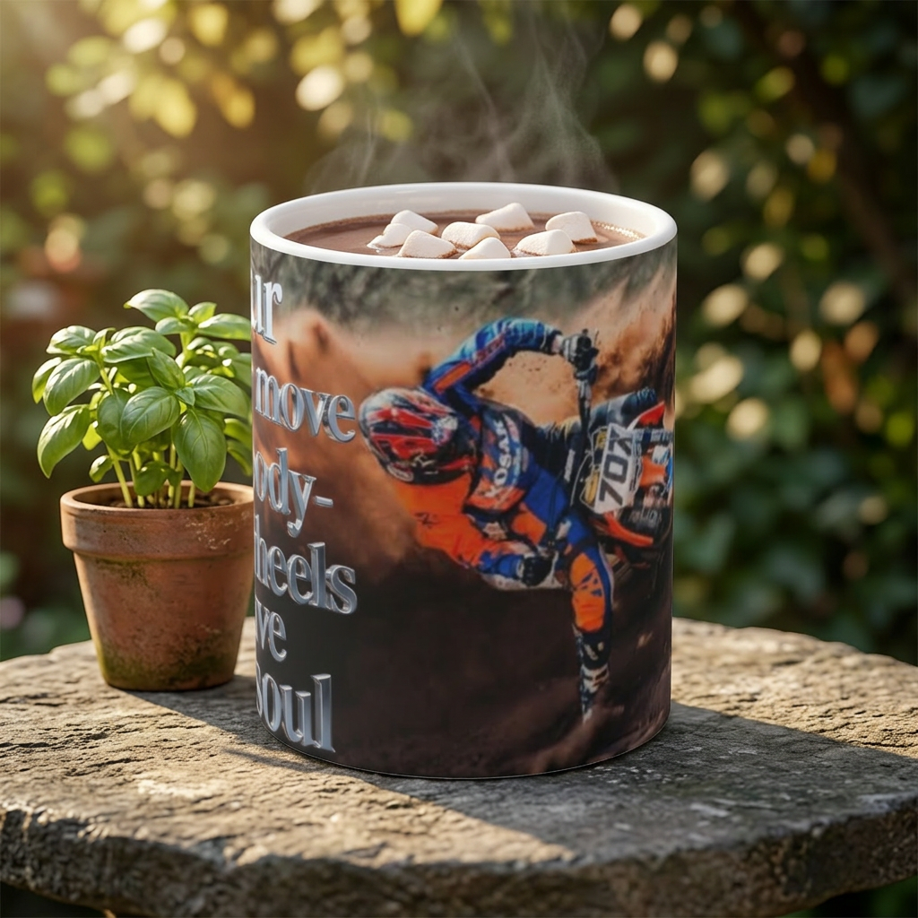 Motocross Rider Mug - "Four wheels move the body, two wheels move the soul" 11oz