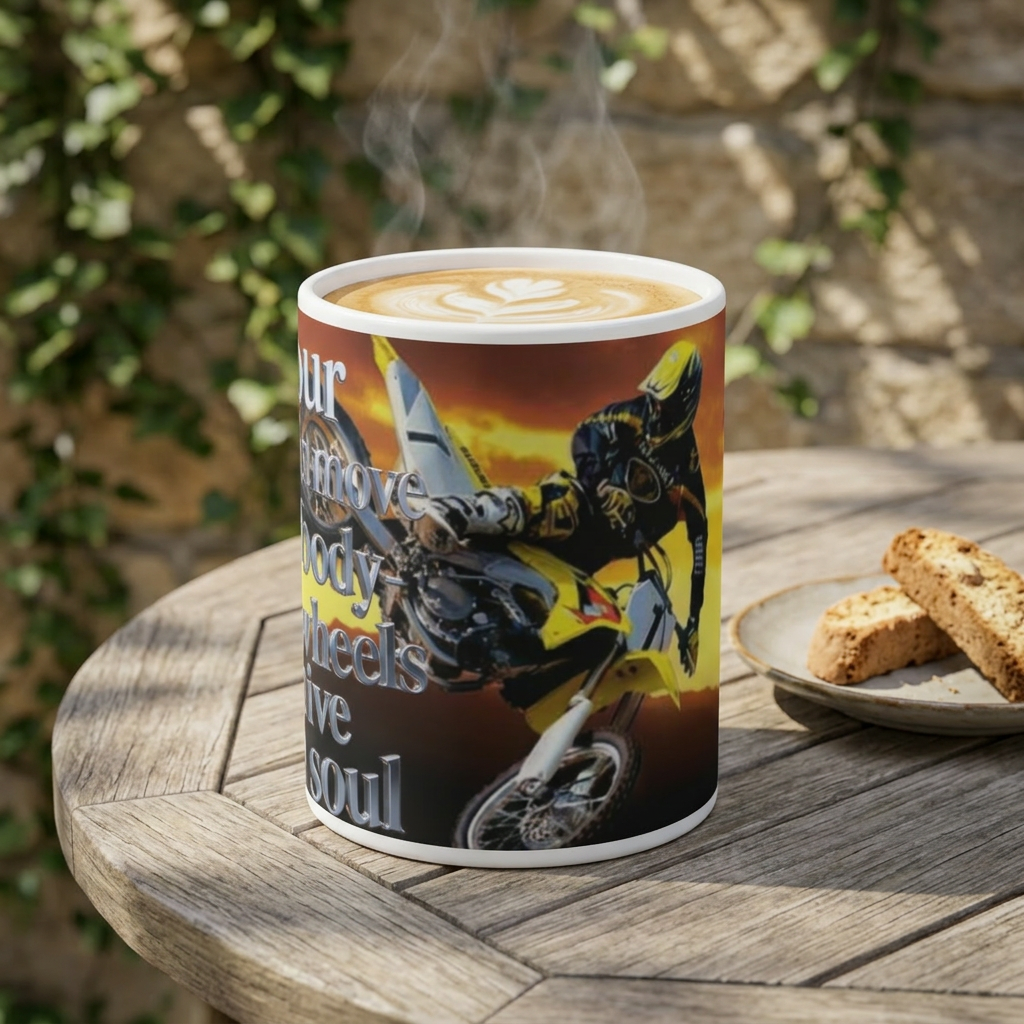 Motorcycle Mug – "Four Wheels Move the Body, Two Wheels Move the Soul" 11oz