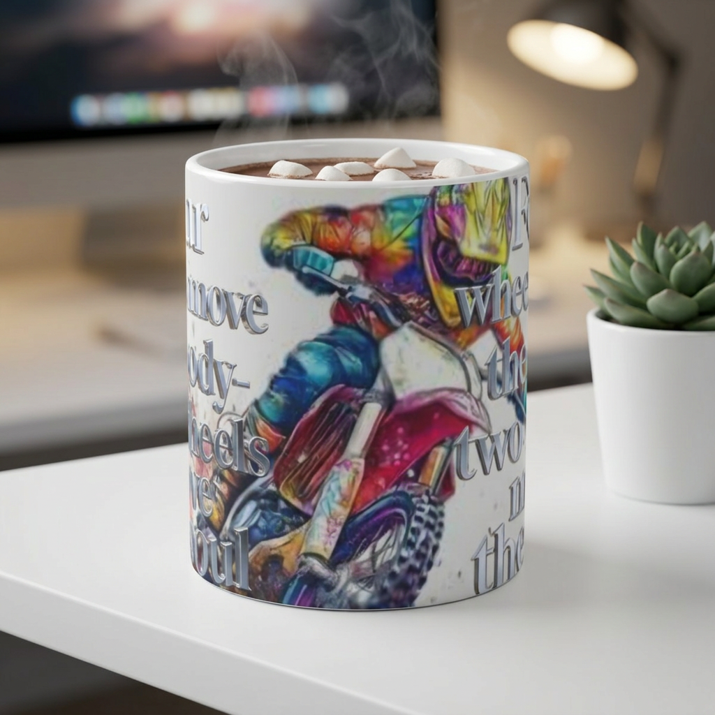 Motorcycle Mug – Colorful Rider Design with Quote "Four Wheels Move the Body, Two Wheels Move the Soul" – 11oz Coffee Cup