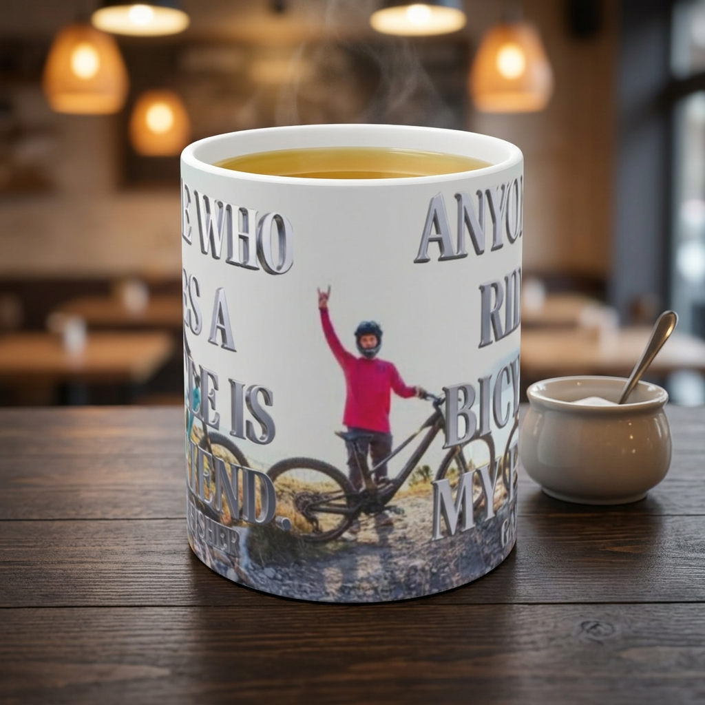 Cycling Photo Mug — "Anyone Who Rides a Bicycle is My Friend" 11oz