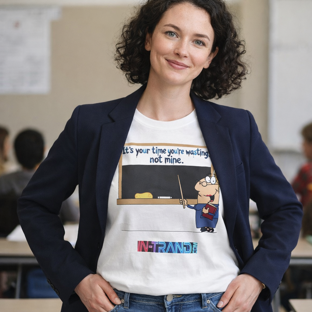 Teacher Cartoon T‑Shirt — "It's Your Time You're Wasting, Not Mine" Funny Educator Tee