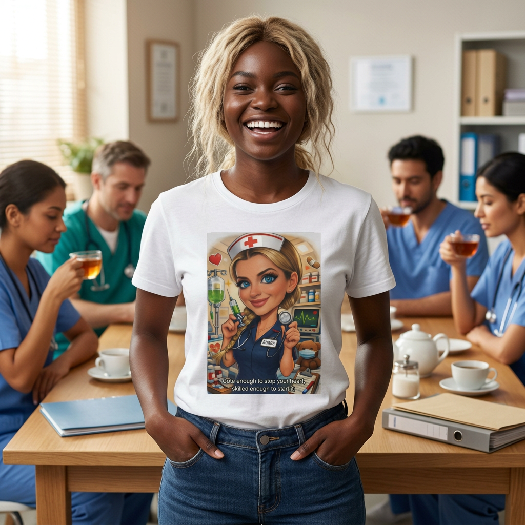 Nurse Cartoon T-Shirt — Cute Retro Nurse Graphic Tee (Includes 'You're Enough to Stop Your Heart' Text)