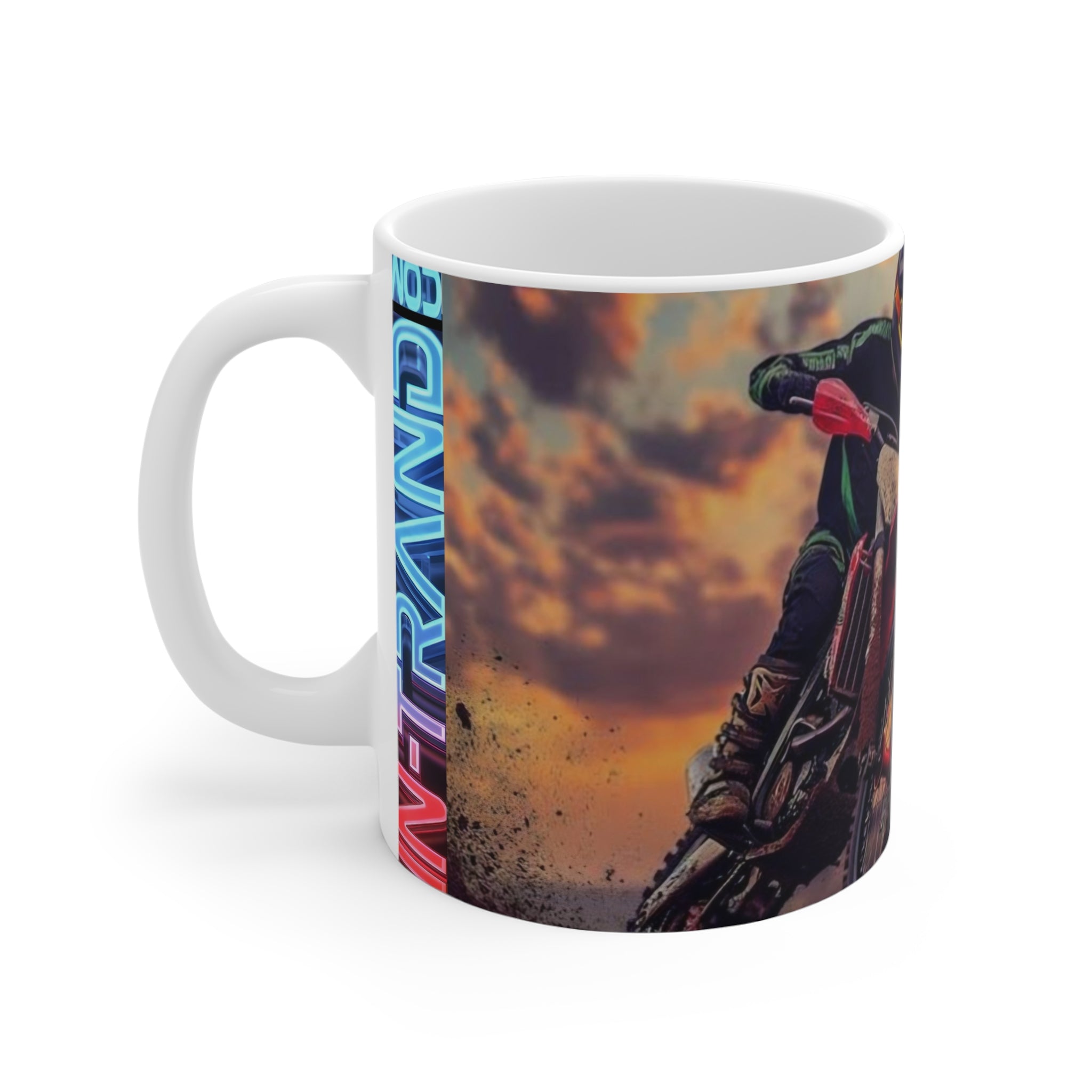 Motocross Rider Mug — Dirt Bike Sunset Coffee Cup with Rider Graphic