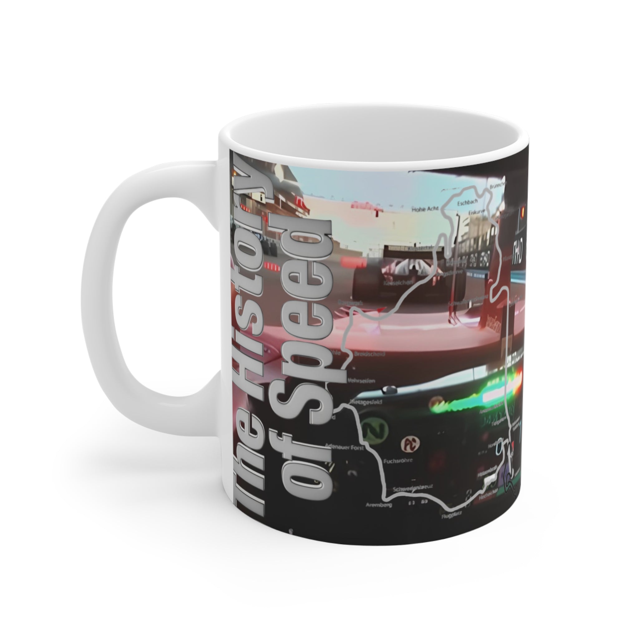Racing History 11oz Coffee Mug – 'The History of Speed' Car Track Design