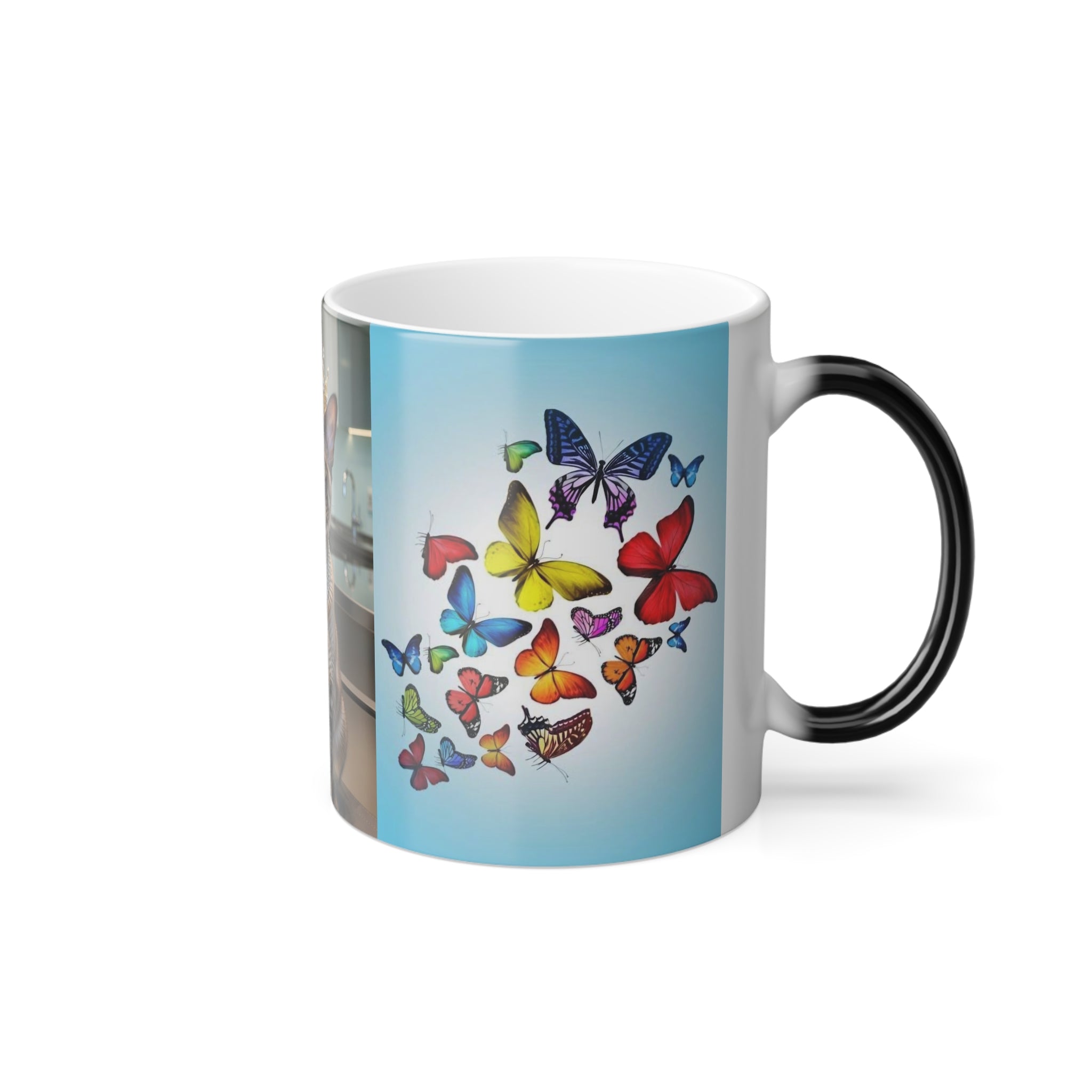 Color-Changing Mug — Regal Cat with Crown & Butterflies (11 oz)
