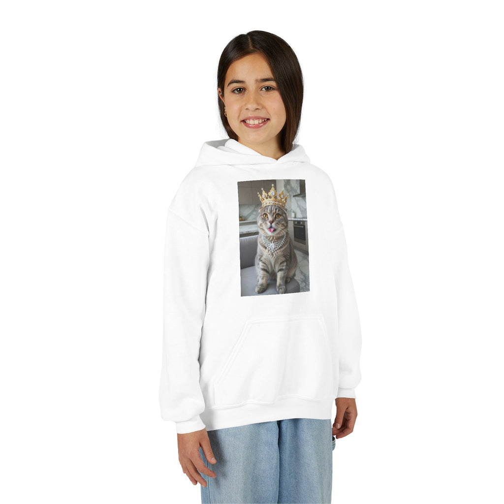 Youth Cat Crown Hoodie — Royal Kitty Graphic Sweatshirt for Kids