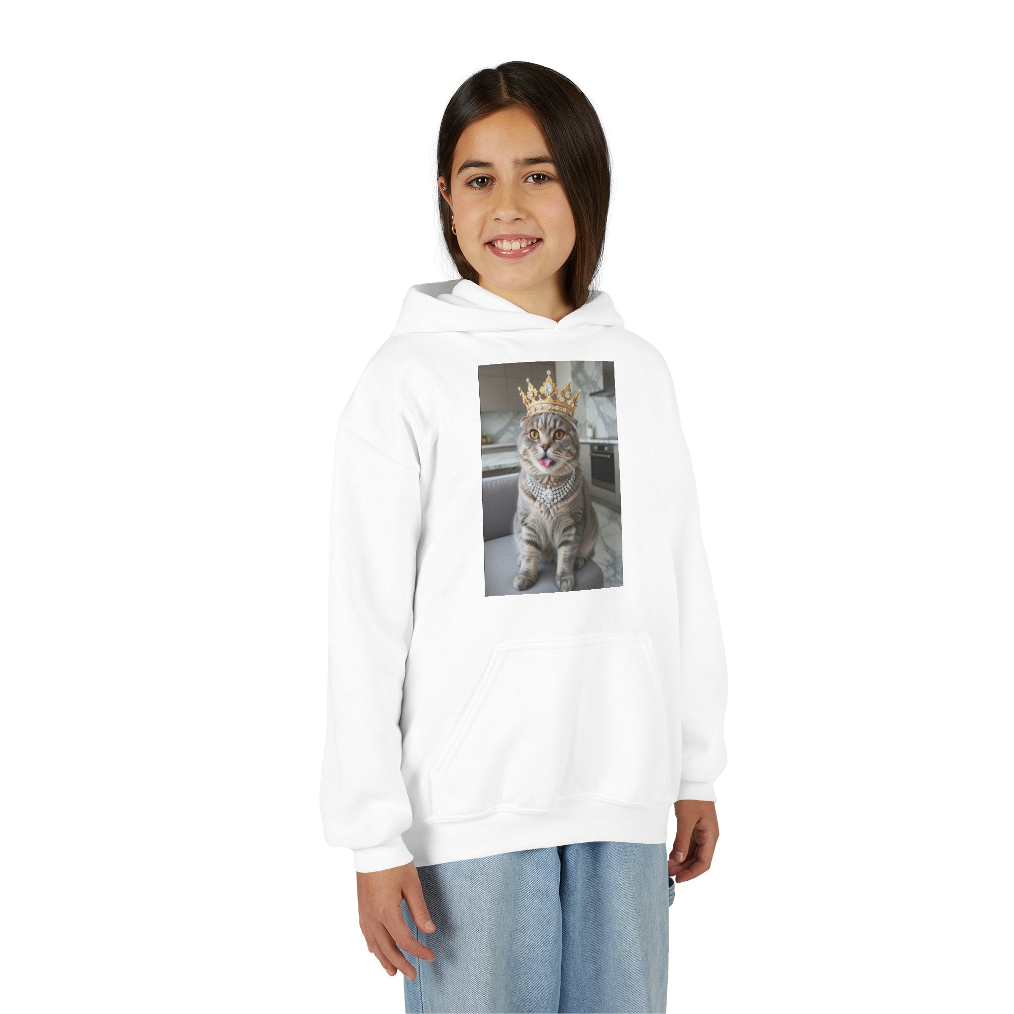 Youth Cat Crown Hoodie — Royal Kitty Graphic Sweatshirt for Kids