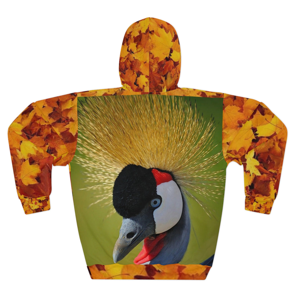 HOODIE NATURE  Crowned Crane Fall Leaves Hoodie — All-Over-Print Autumn Bird Pullover