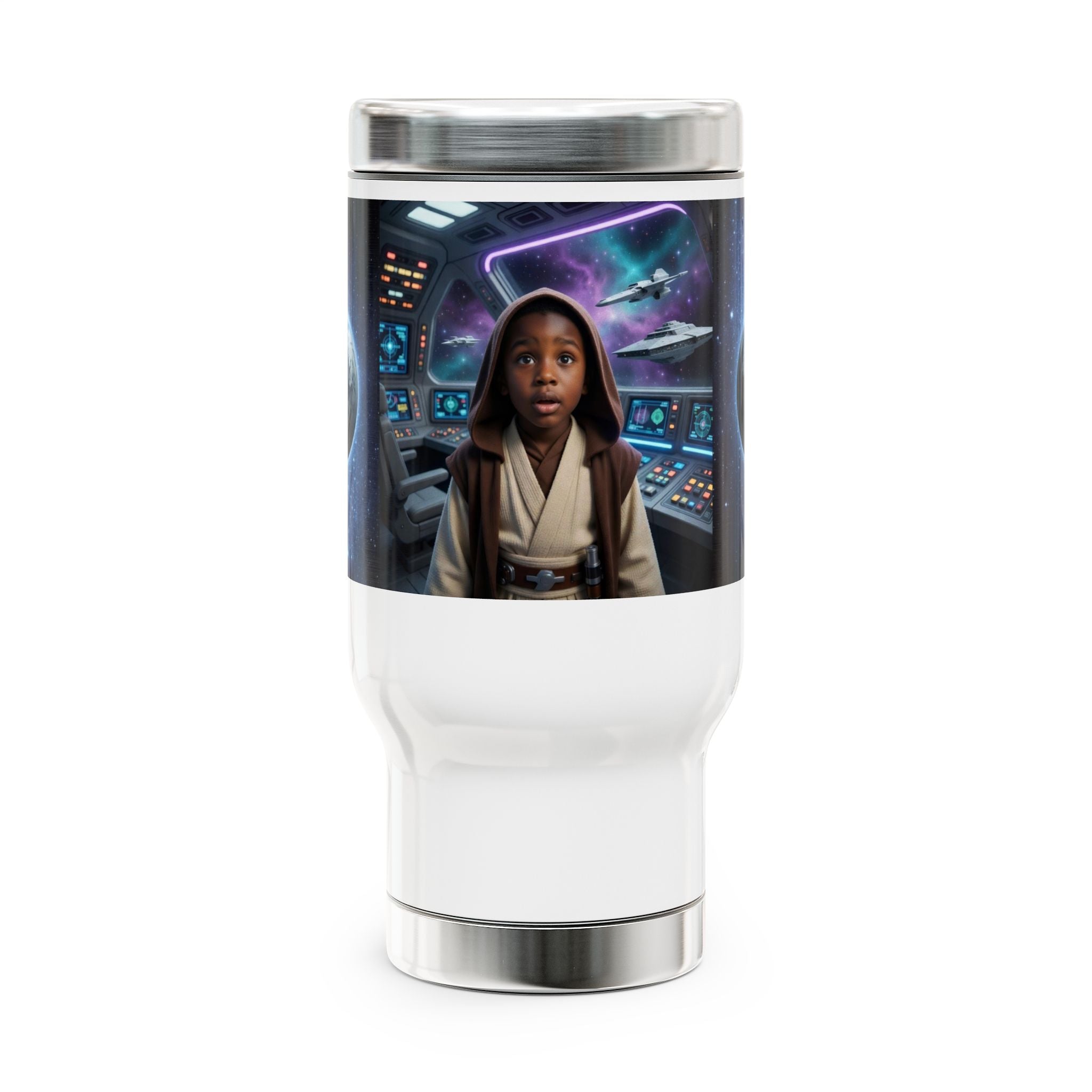 Space Adventure Travel Mug — Jedi Kid & Galactic Cockpit 14oz Stainless Steel