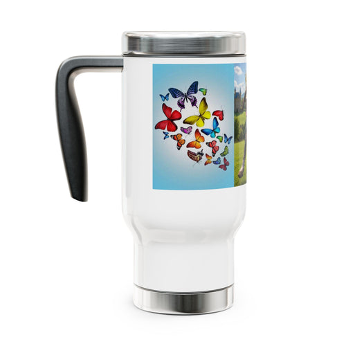 14oz Travel Mug — Crowned Dog & Rainbow Butterflies Stainless Steel Tumbler