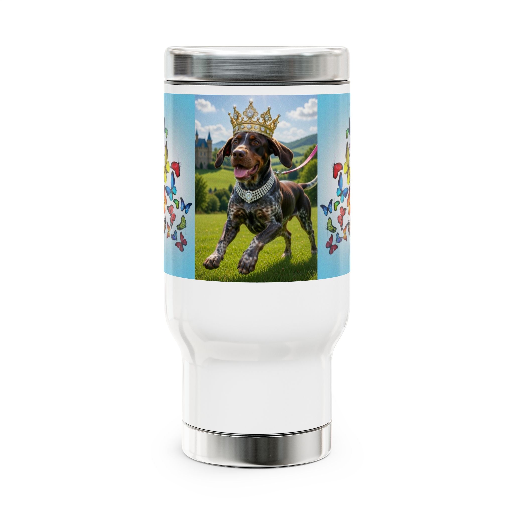 14oz Travel Mug — Crowned Dog & Rainbow Butterflies Stainless Steel Tumbler
