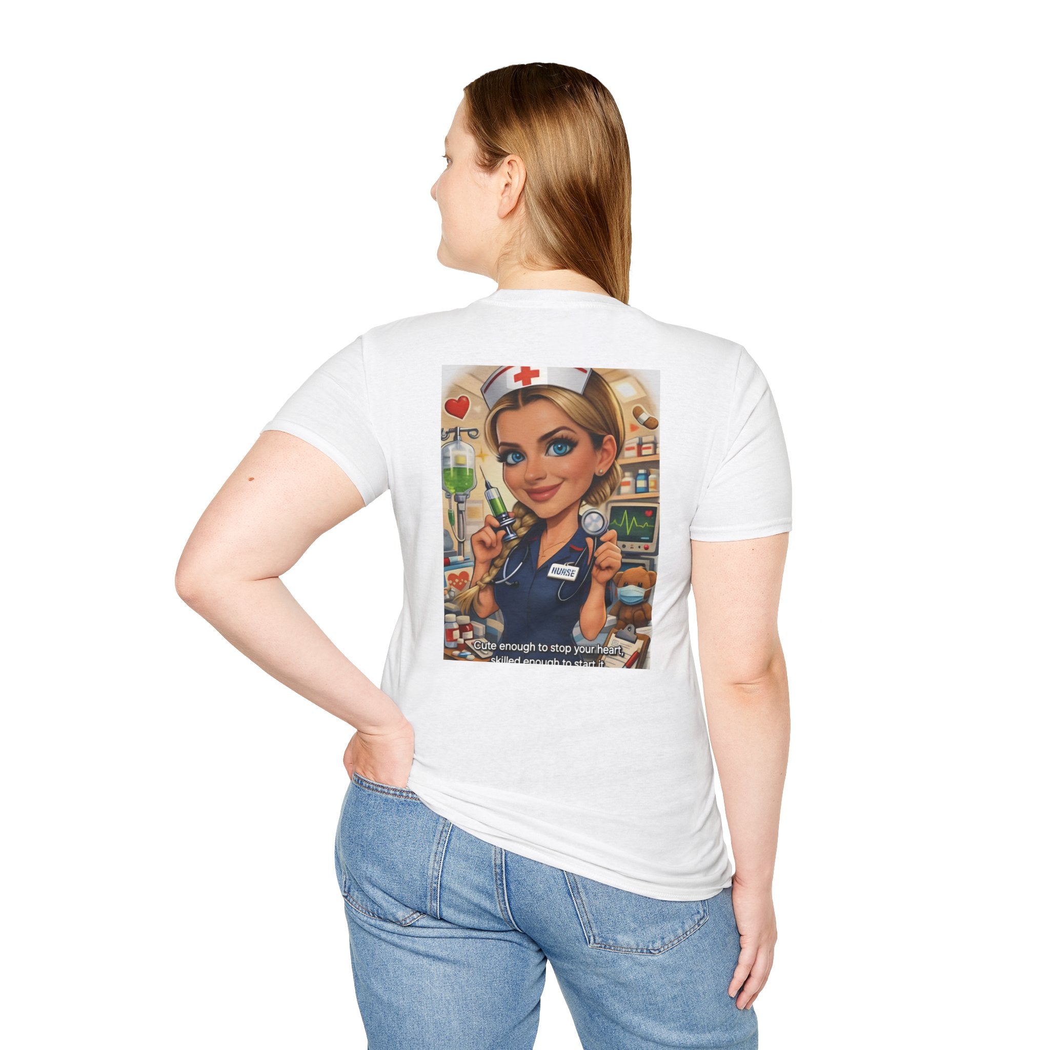 Nurse Cartoon T-Shirt — Cute Retro Nurse Graphic Tee (Includes 'You're Enough to Stop Your Heart' Text)