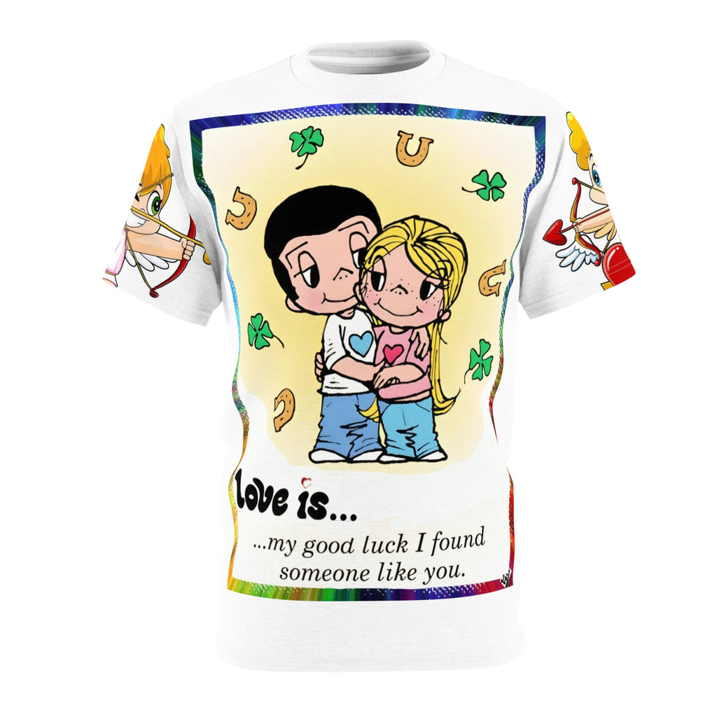 Love Is… Couple Illustration Tee — “Love is… my good luck I found someone like you.”