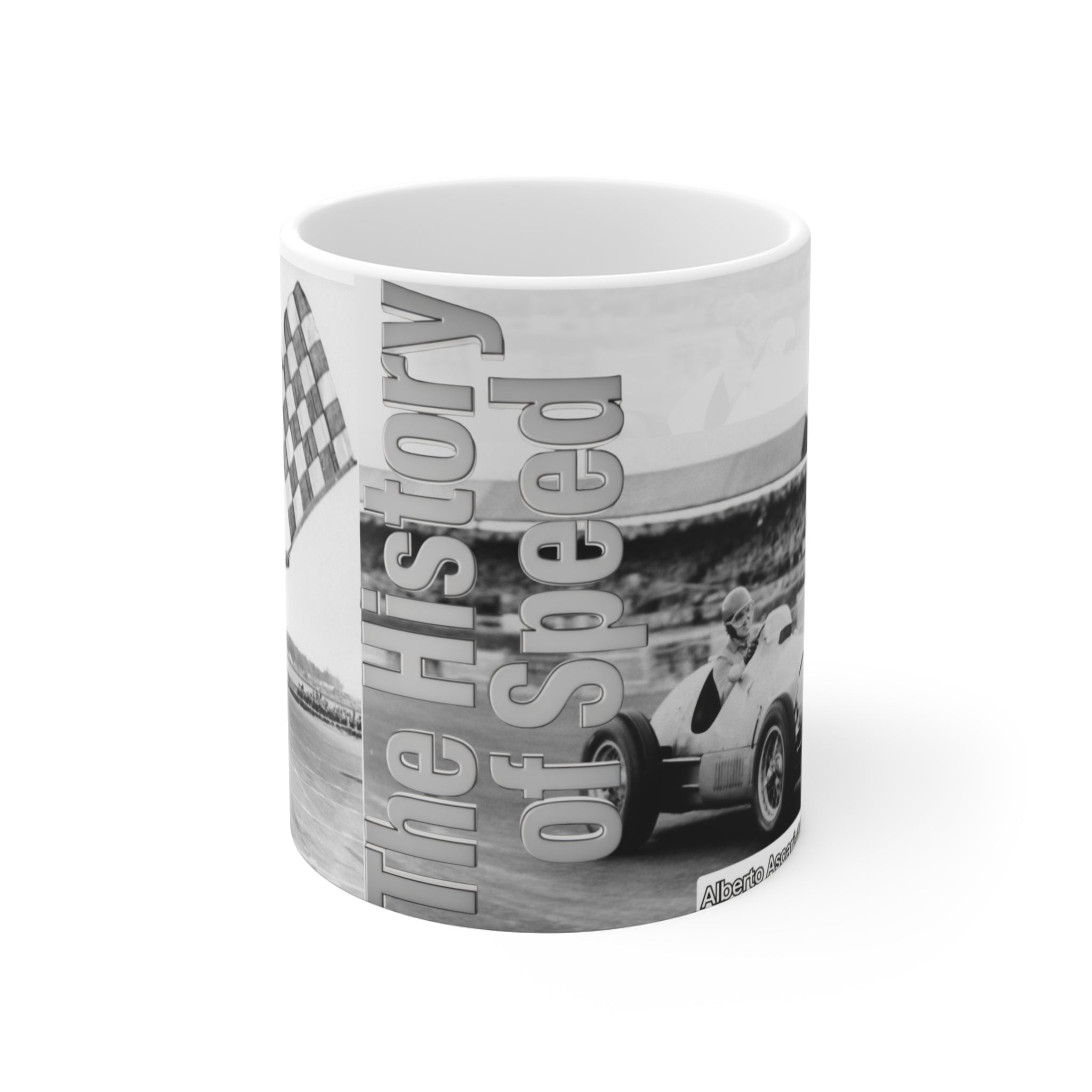 Racing History 11oz Coffee Mug — 'The History of Speed' Vintage Checkered Flag Design