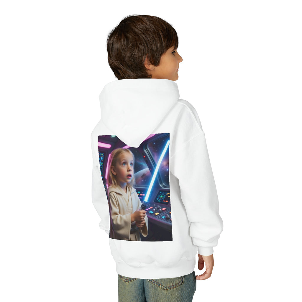 Kids Hoodie - Child with Lightsaber Retro Space Controls Graphic