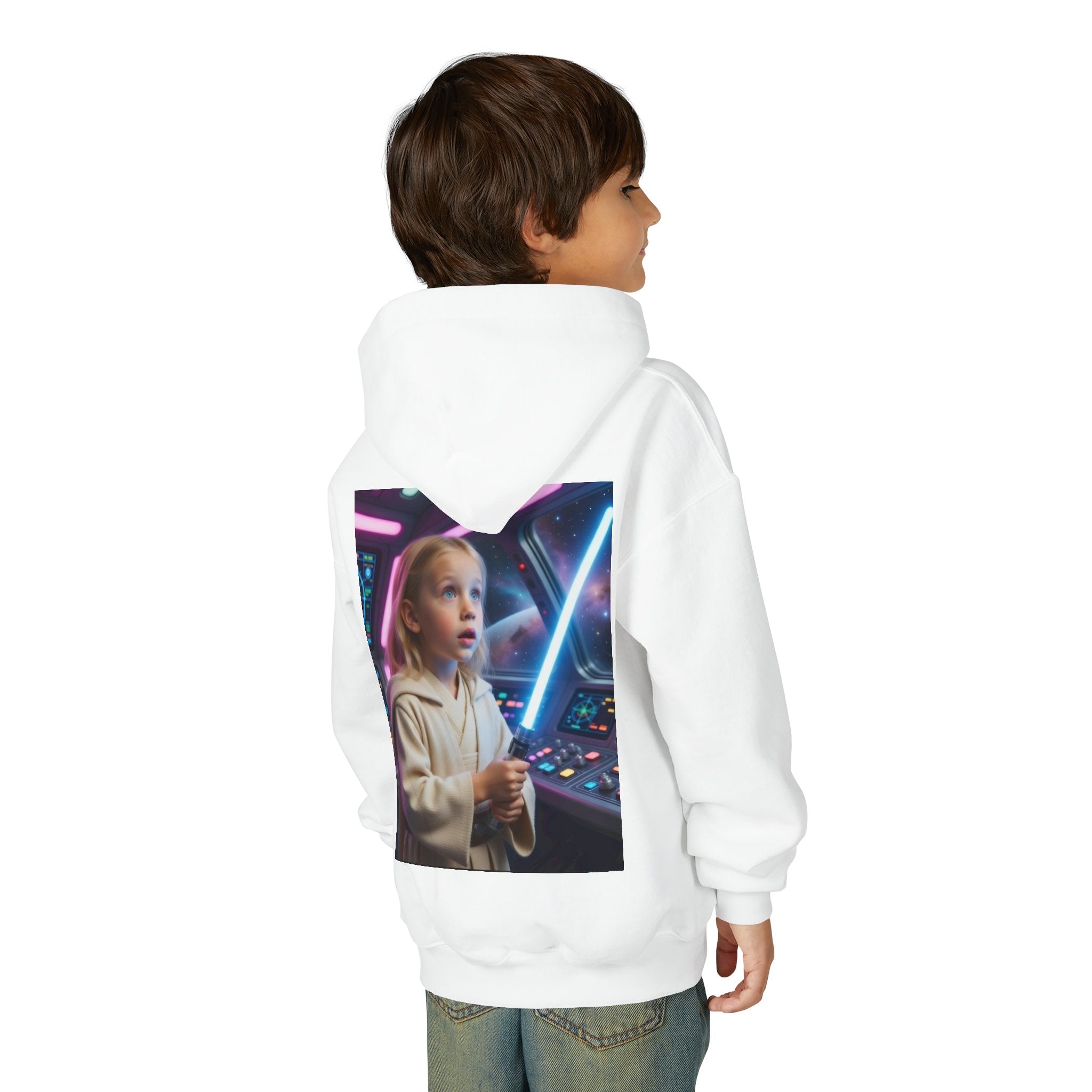 Kids Hoodie - Child with Lightsaber Retro Space Controls Graphic