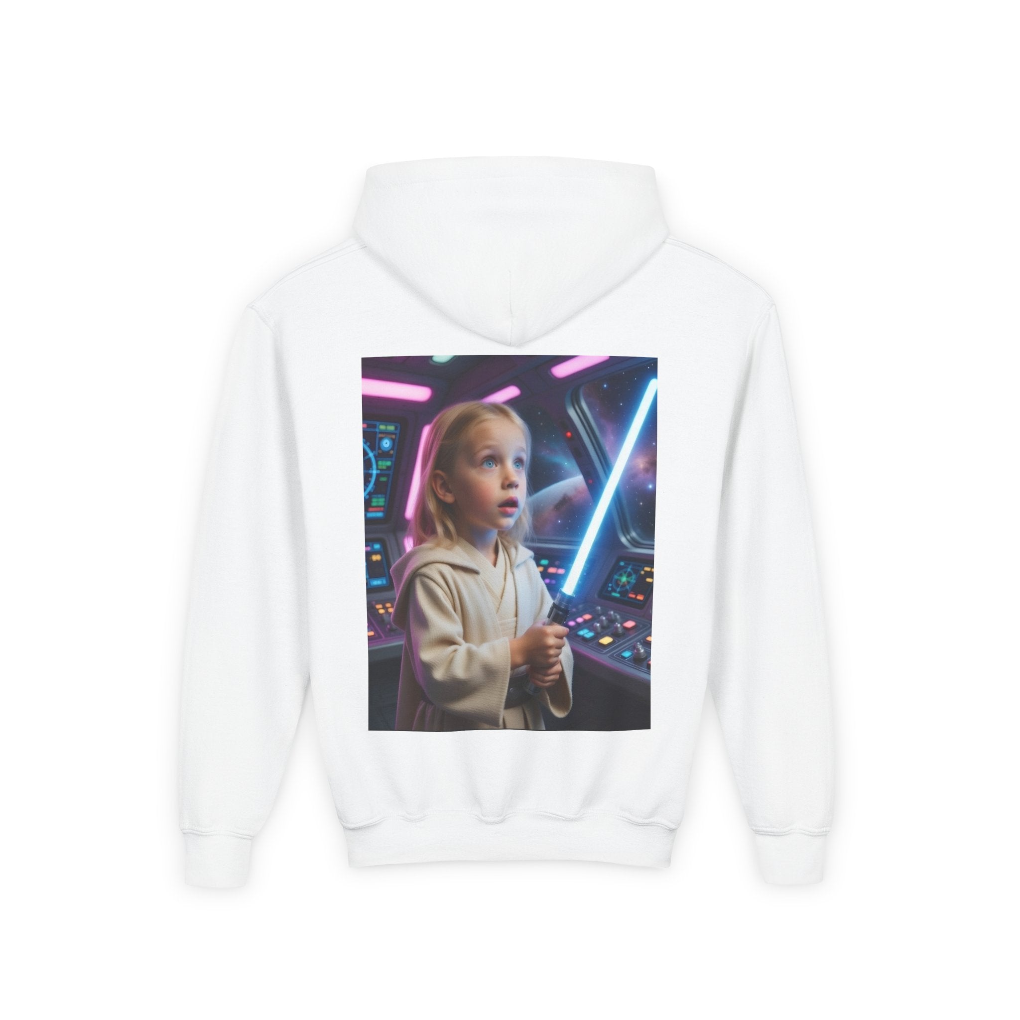 Kids Hoodie - Child with Lightsaber Retro Space Controls Graphic